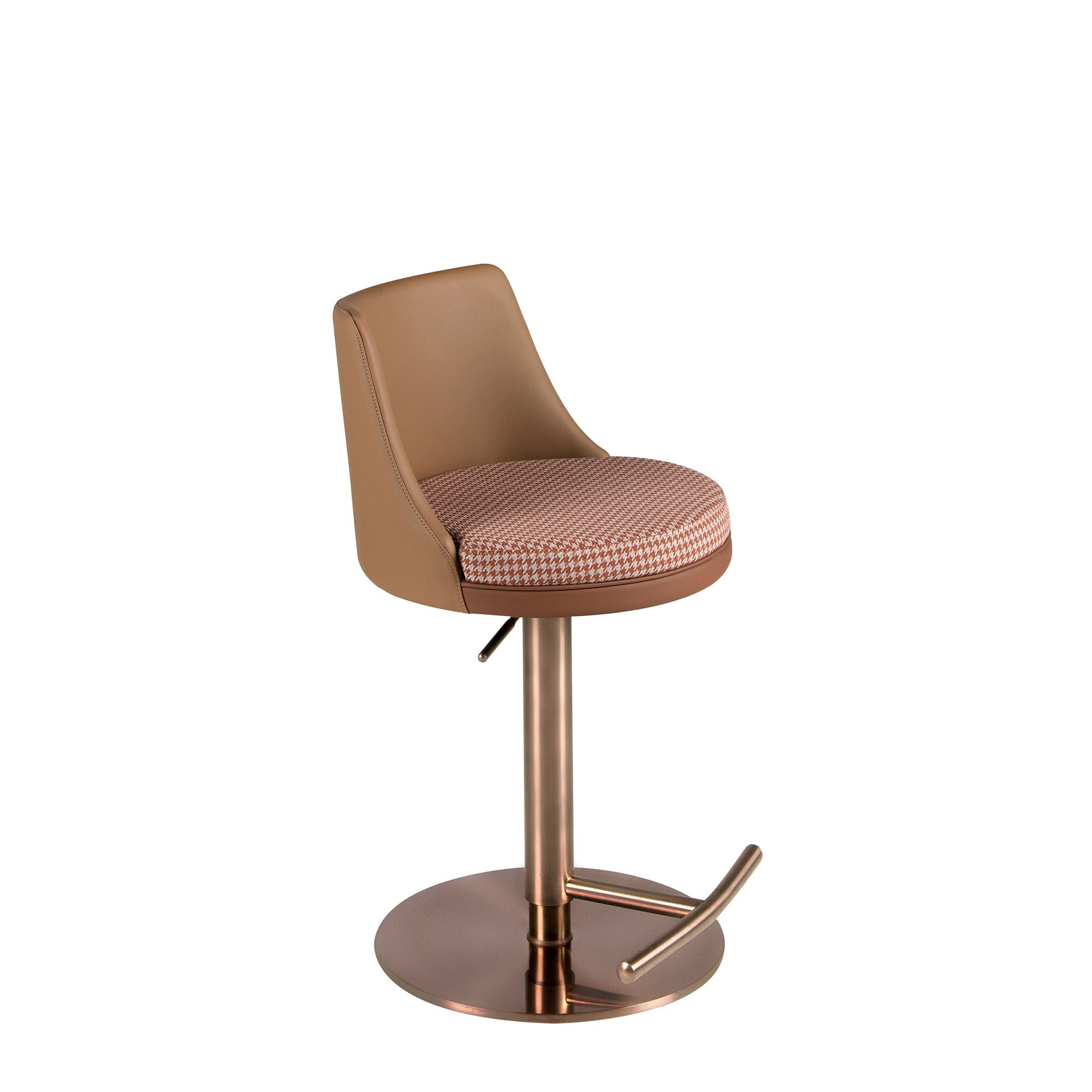 Swivel stool in terracotta brown and beige fabric and brown leatherette