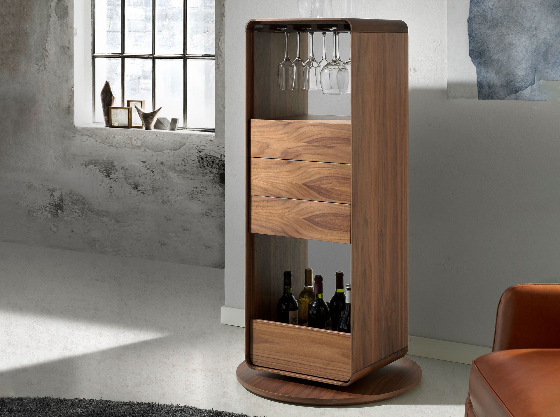 Swivelling walnut bar cabinet
