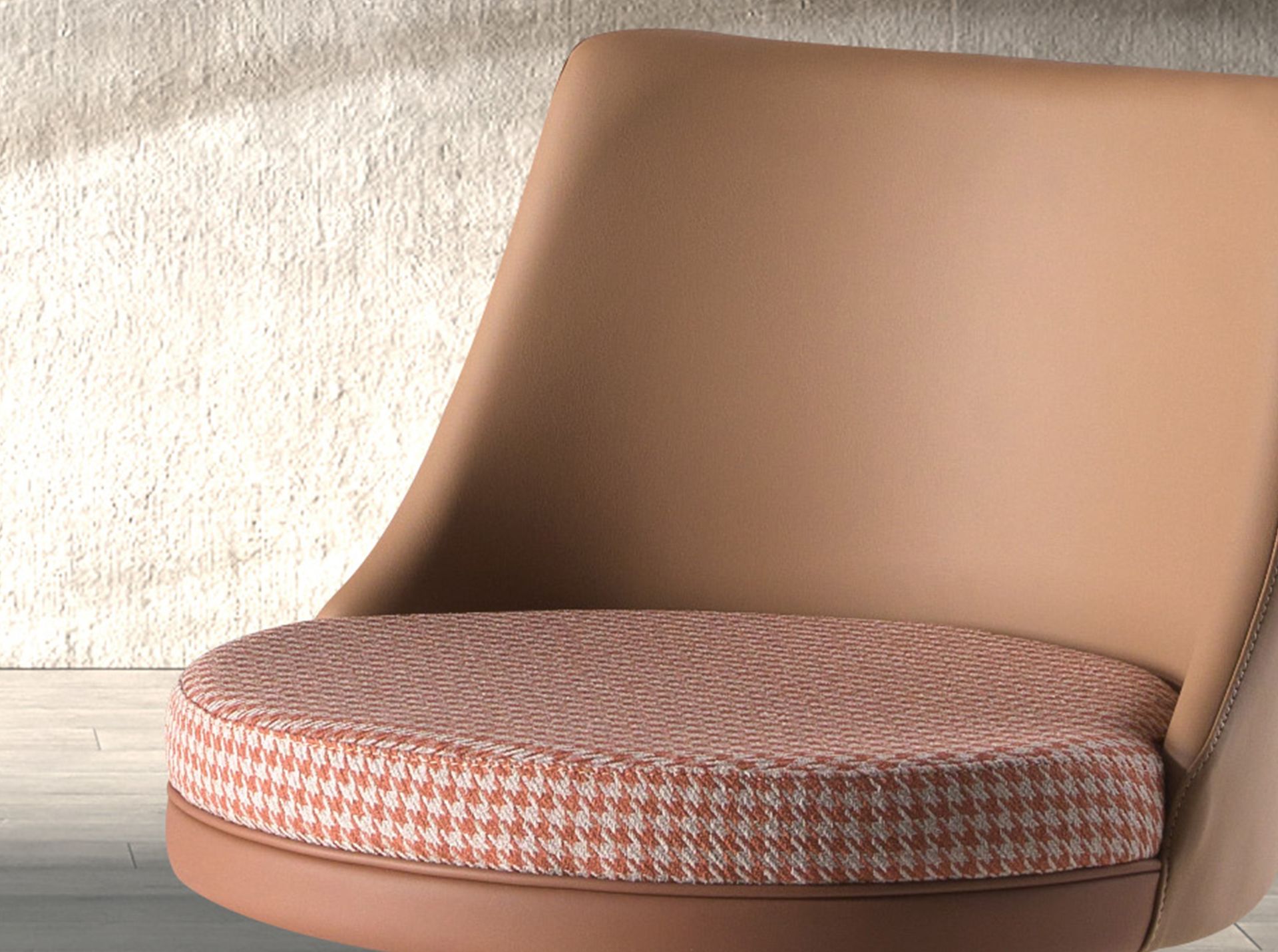 Swivel stool in terracotta brown and beige fabric and brown leatherette