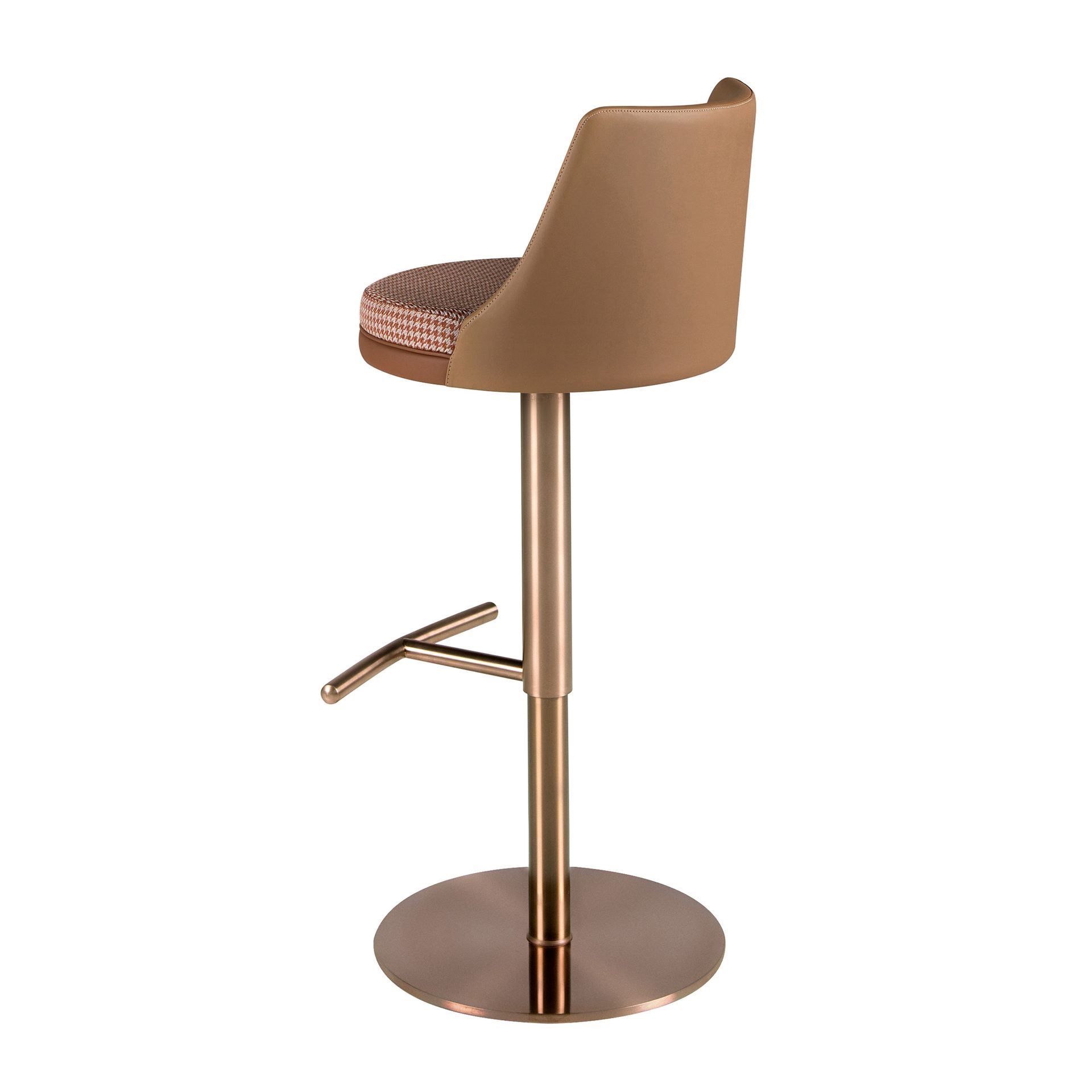 Swivel stool in terracotta brown and beige fabric and brown leatherette