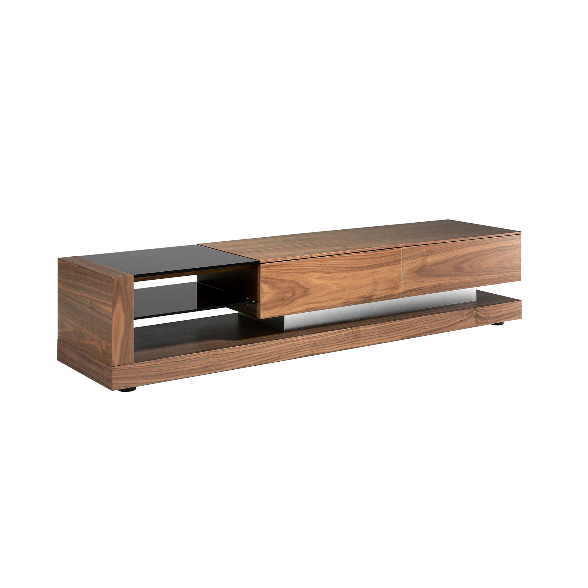 TV cabinet walnut, polished steel and black glass top