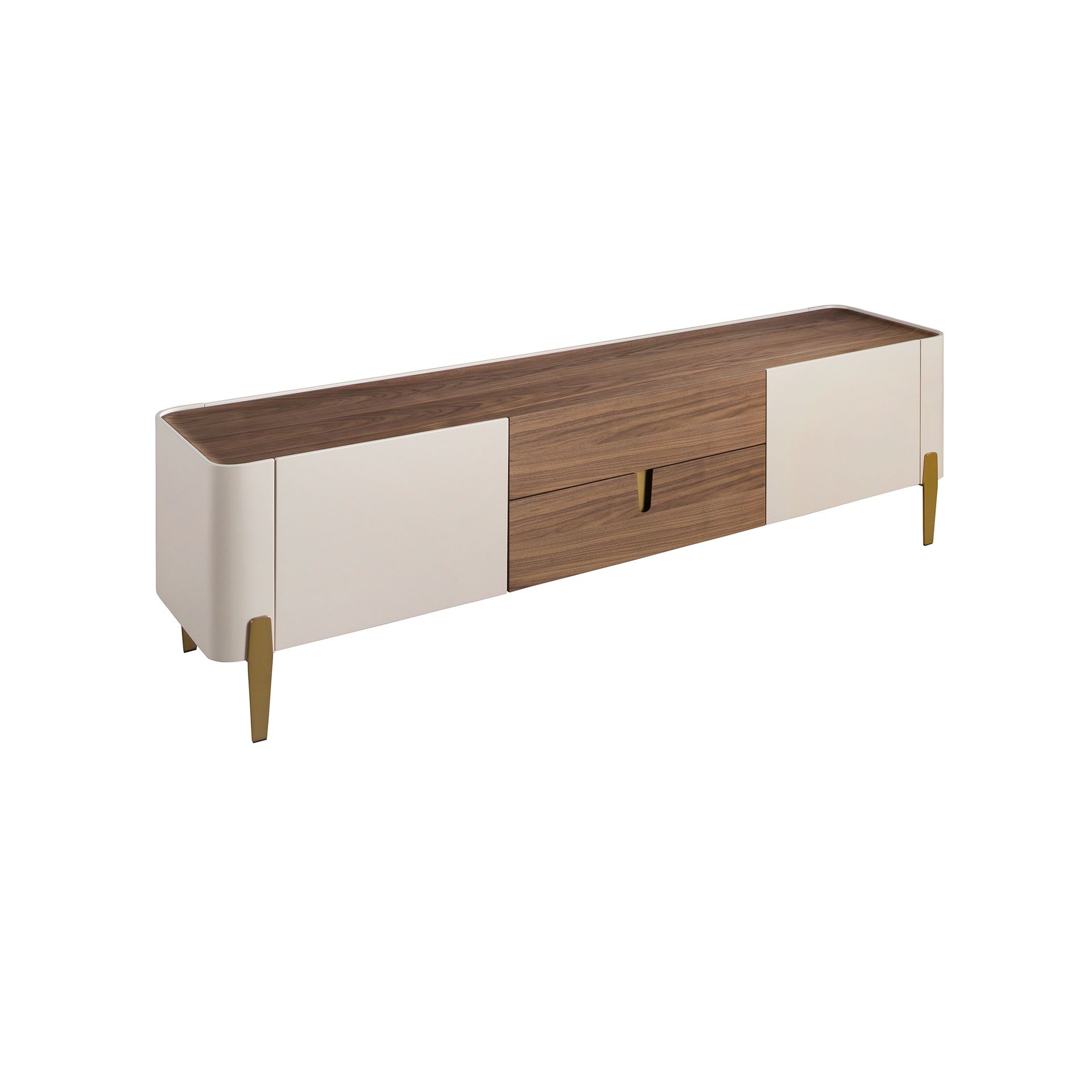 TV stand beige wood, golden polished steel and walnut top