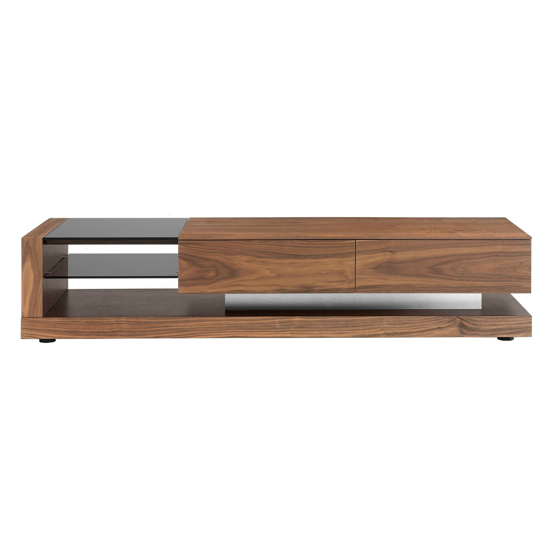 TV cabinet walnut, polished steel and black glass top