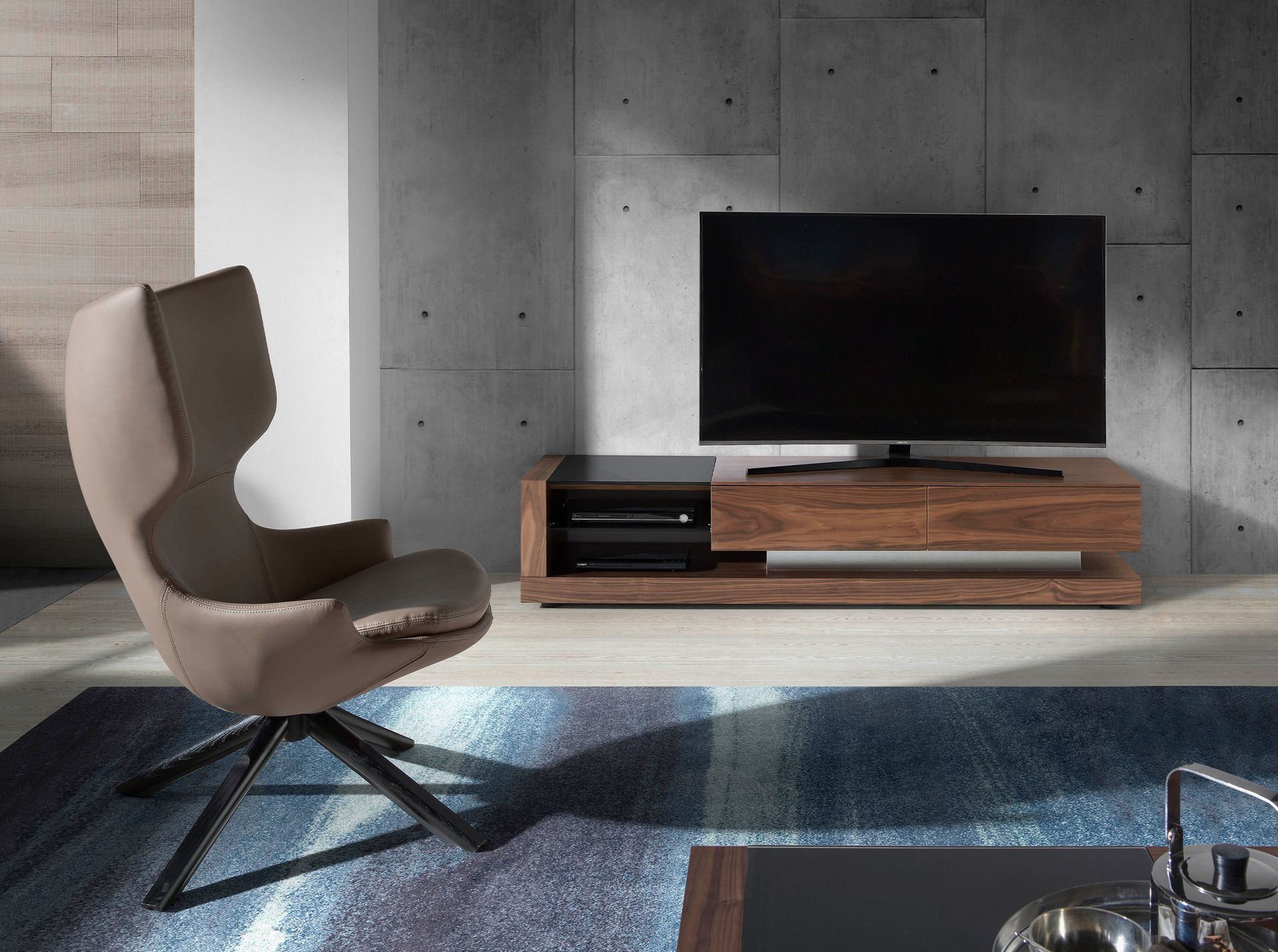 TV cabinet walnut, polished steel and black glass top