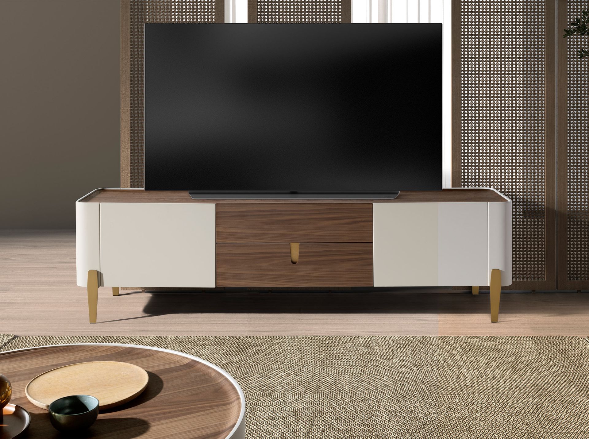 TV stand beige wood, golden polished steel and walnut top