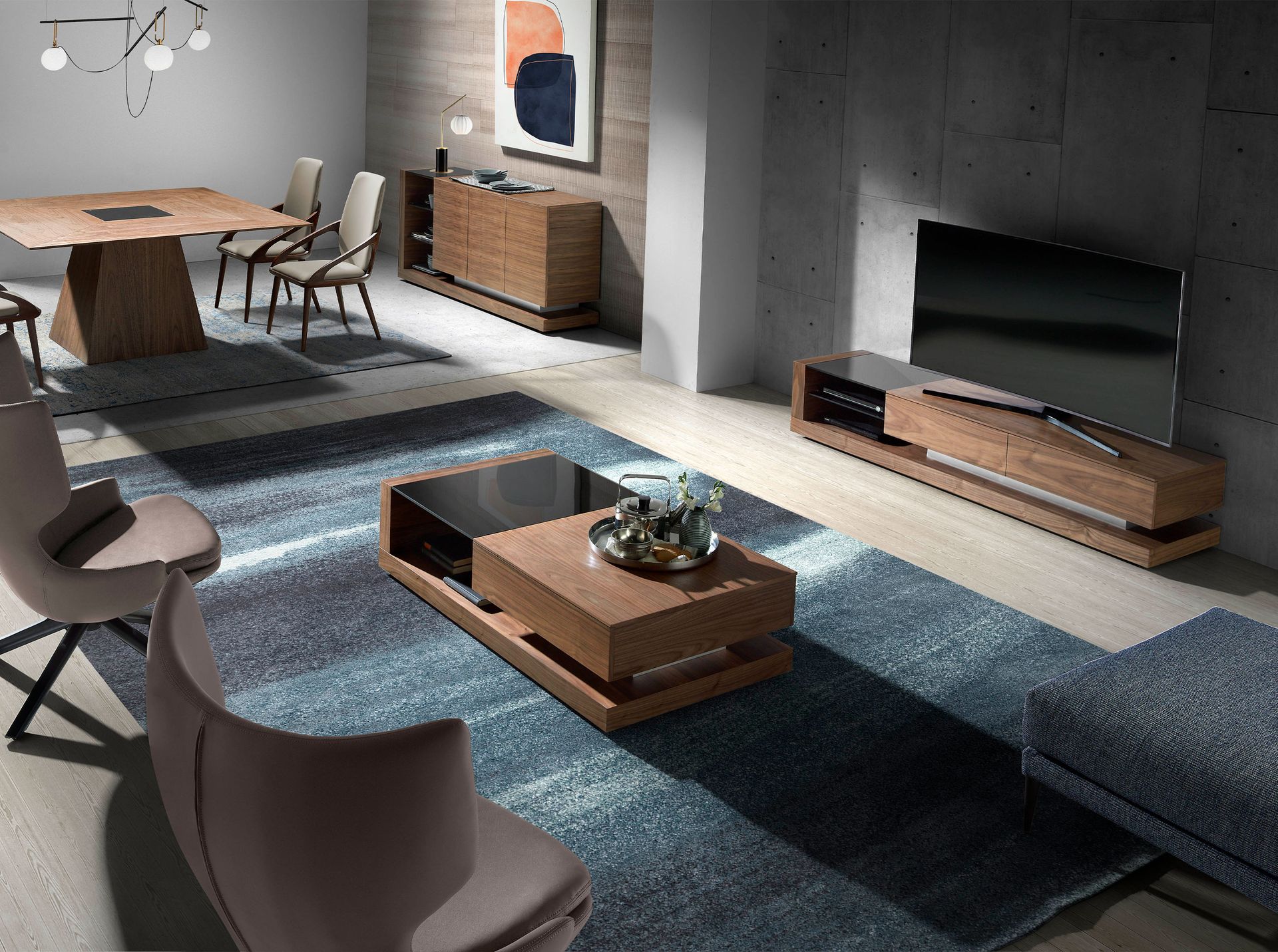 TV cabinet walnut, polished steel and black glass top