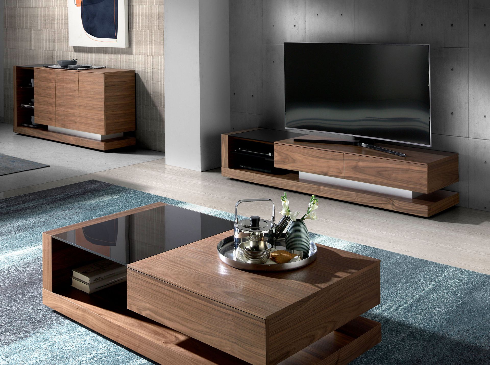TV cabinet walnut, polished steel and black glass top