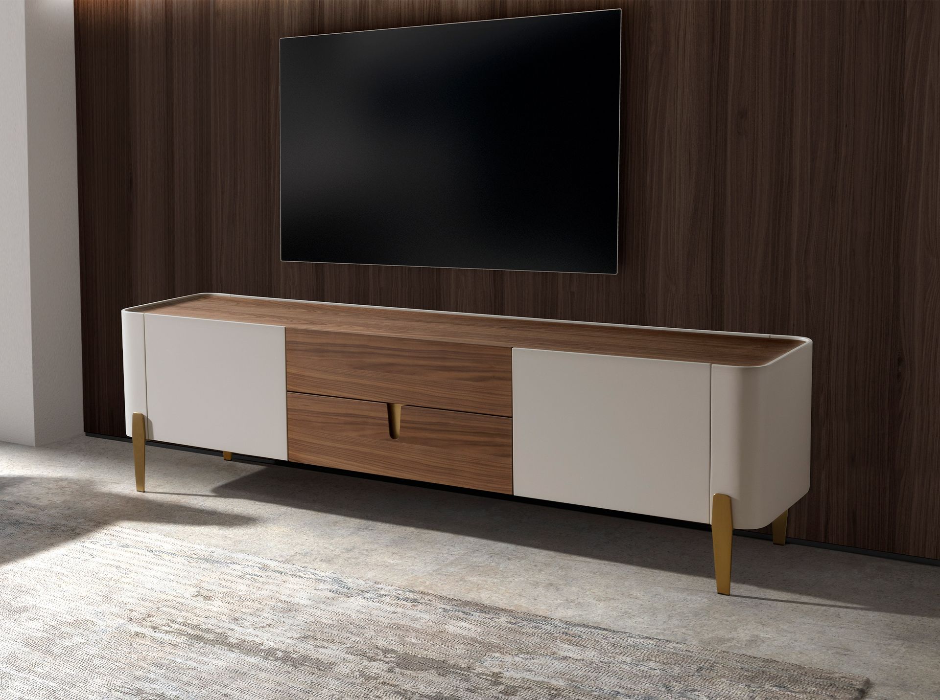 TV stand beige wood, golden polished steel and walnut top