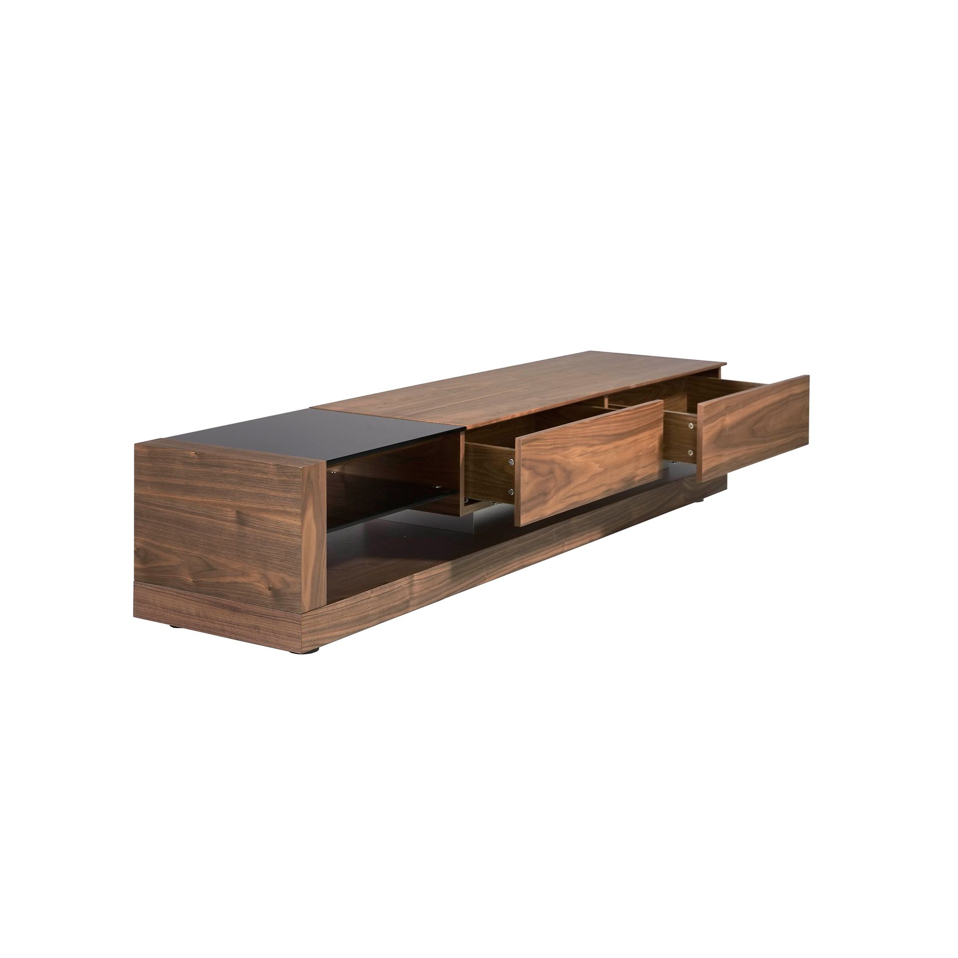 TV cabinet walnut, polished steel and black glass top