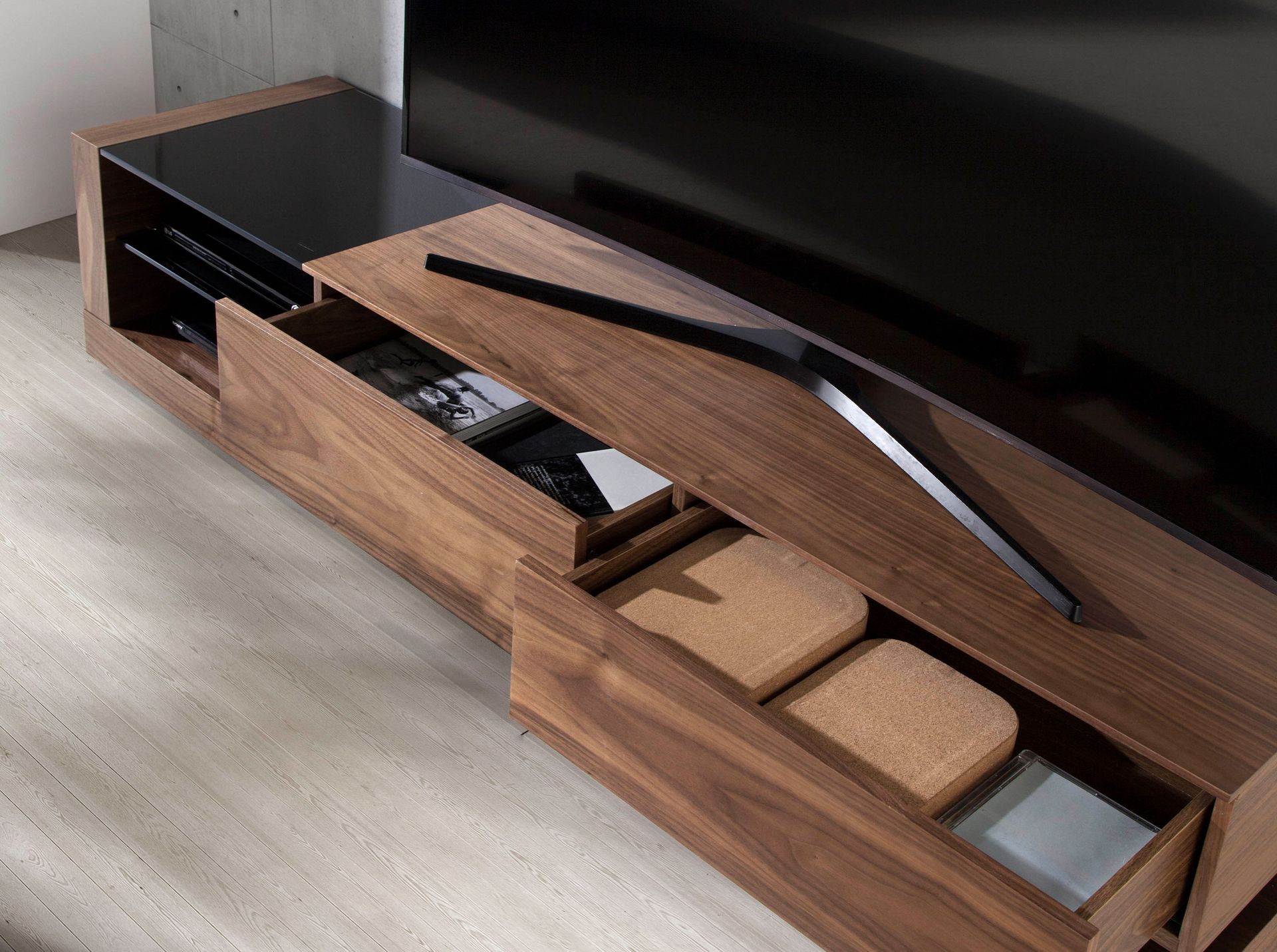 TV cabinet walnut, polished steel and black glass top
