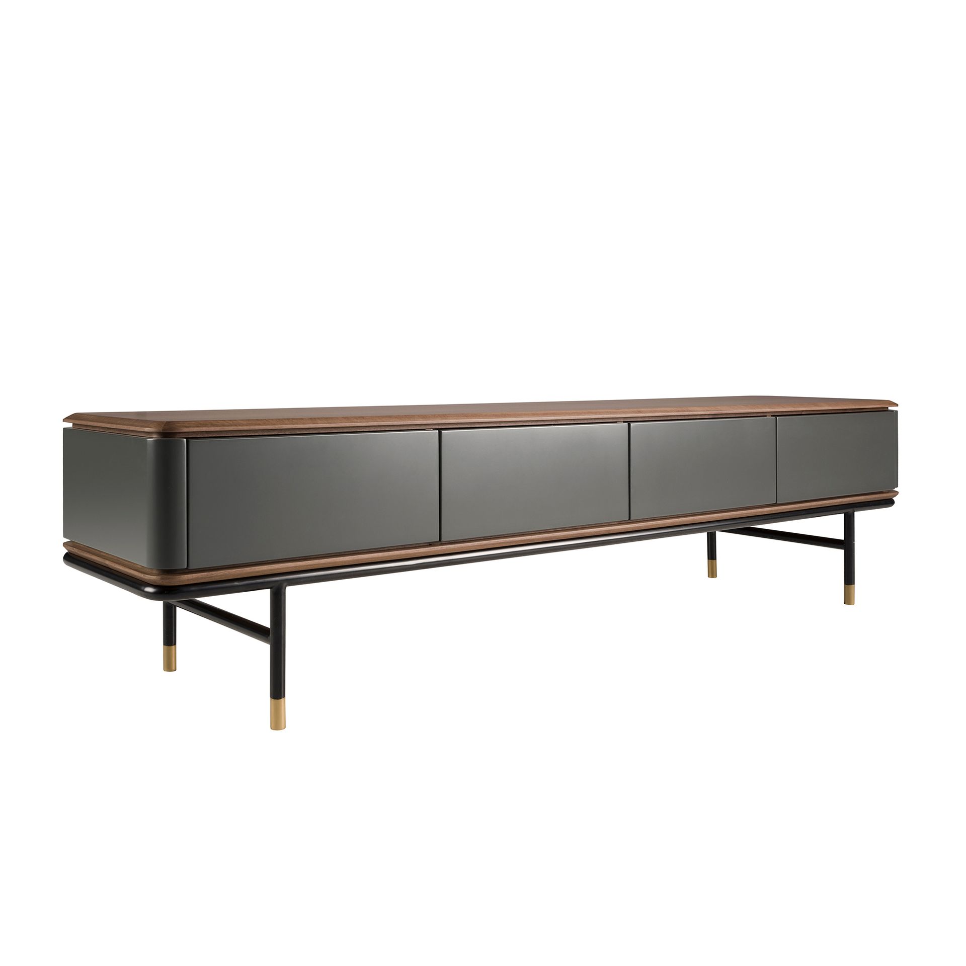 TV stand in matt dark grey wood, black steel and walnut top