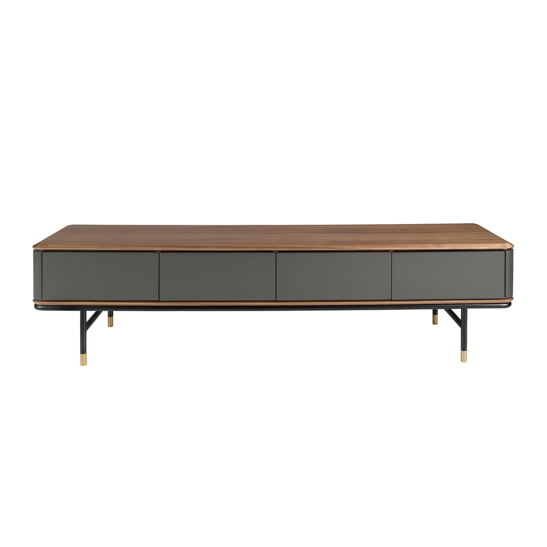 TV stand in matt dark grey wood, black steel and walnut top