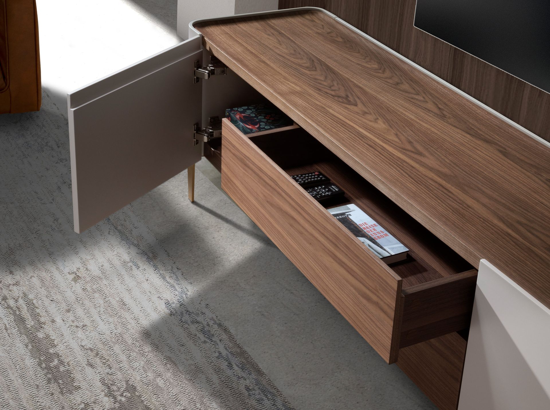 TV stand beige wood, golden polished steel and walnut top