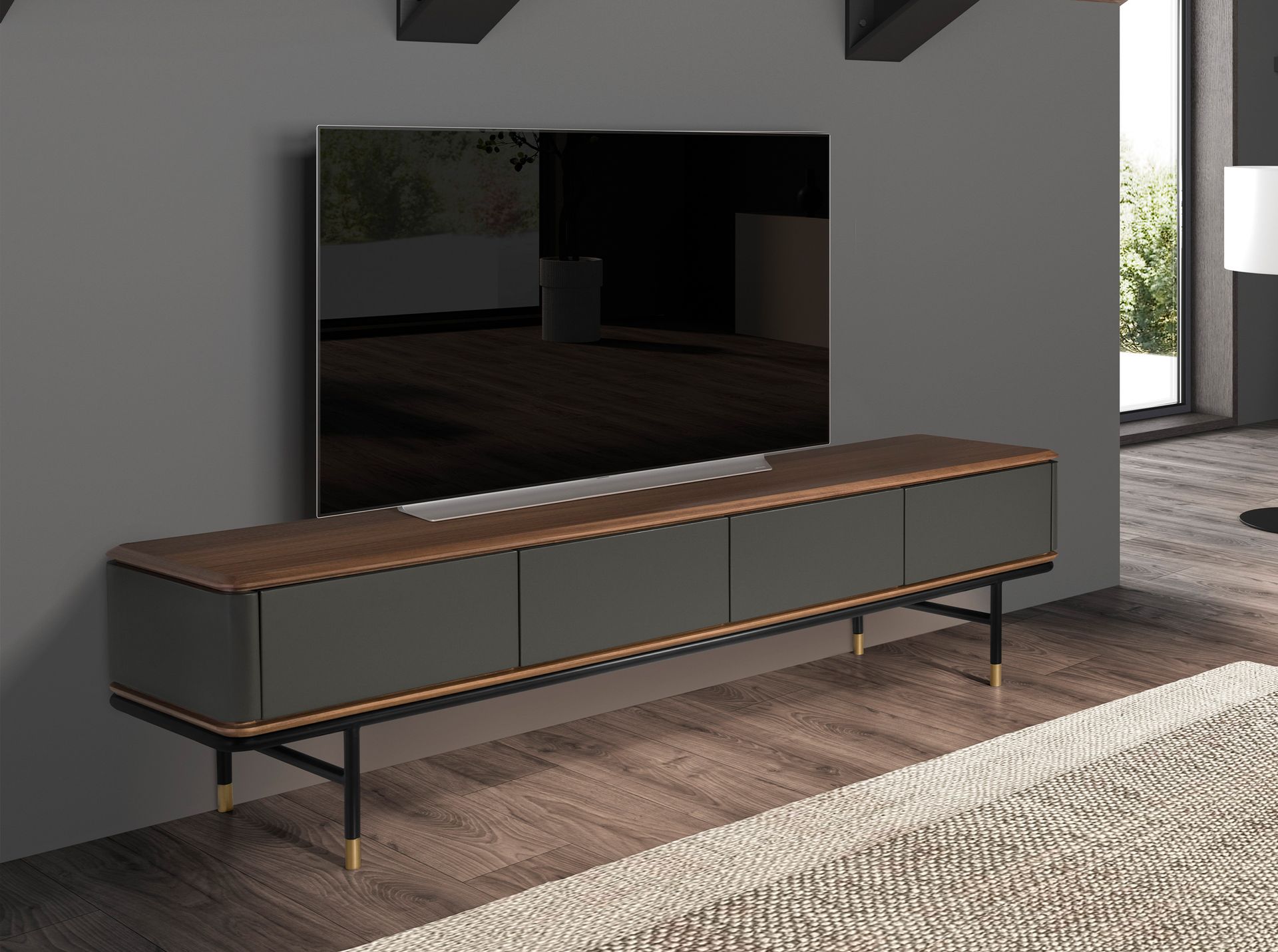 TV stand in matt dark grey wood, black steel and walnut top