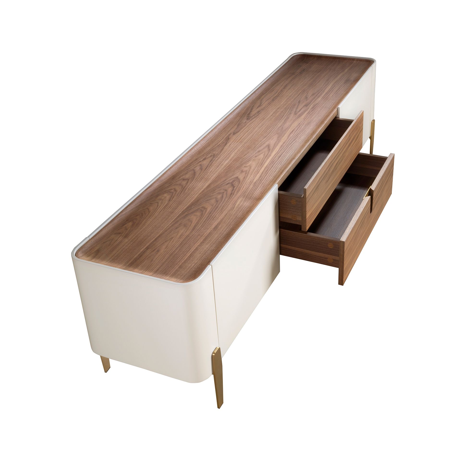 TV stand beige wood, golden polished steel and walnut top