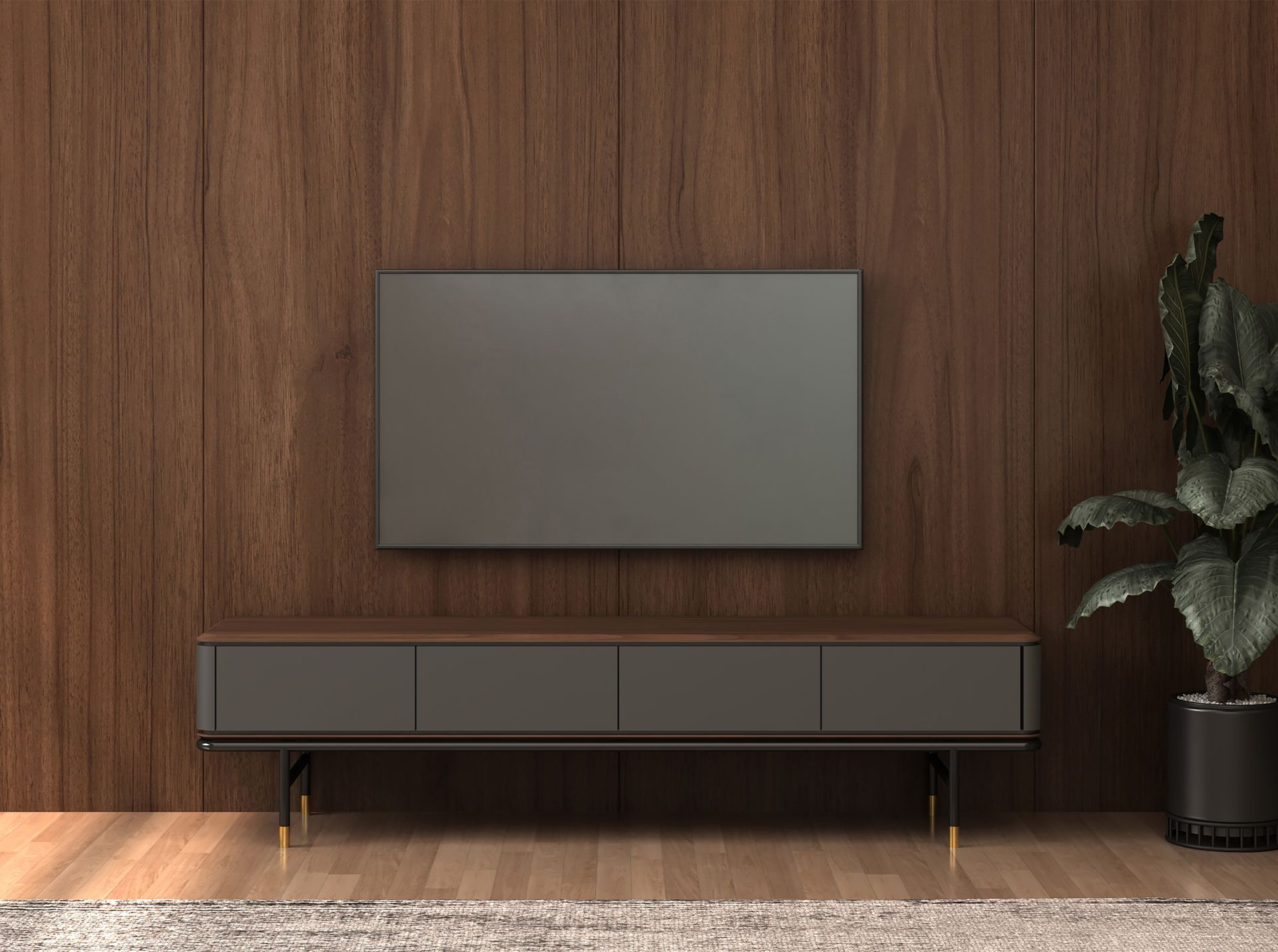 TV stand in matt dark grey wood, black steel and walnut top