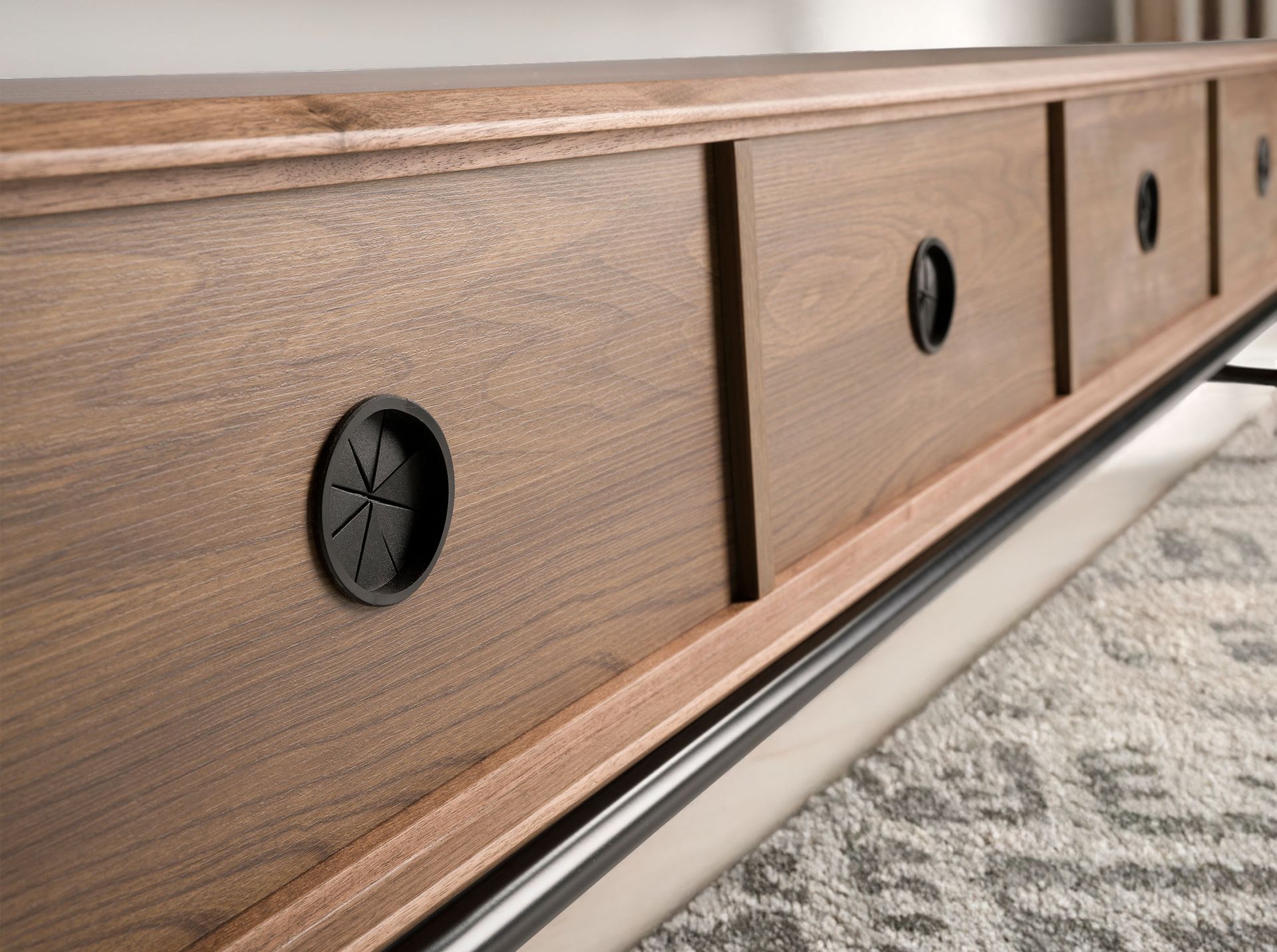 TV stand in matt dark grey wood, black steel and walnut top