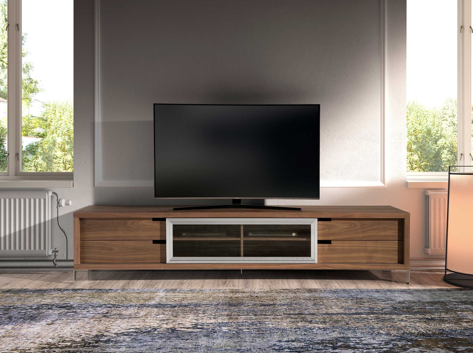 TV stand walnut and chromed steel