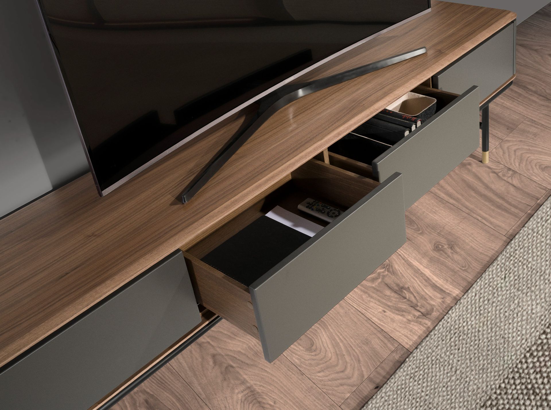 TV stand in matt dark grey wood, black steel and walnut top