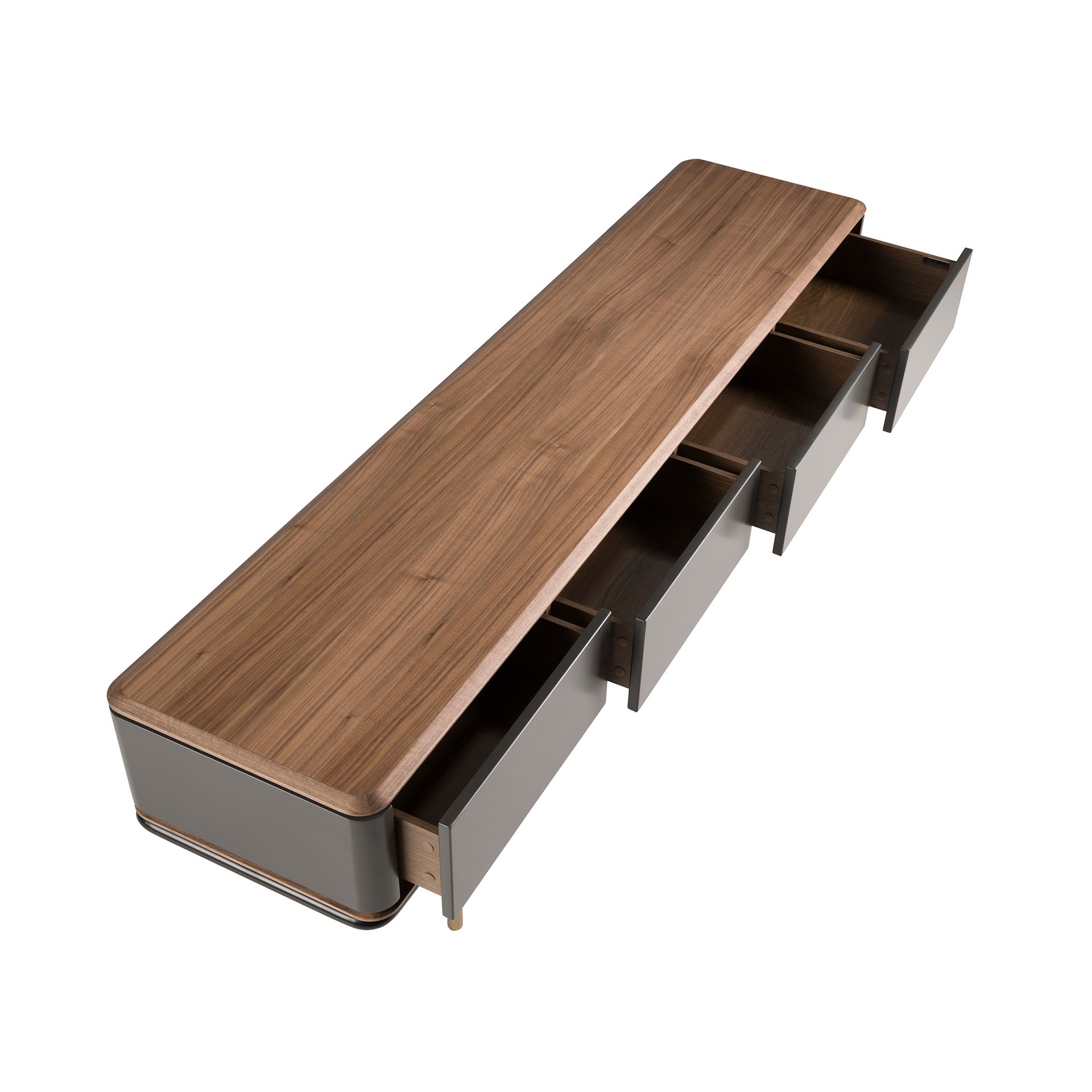 TV stand in matt dark grey wood, black steel and walnut top