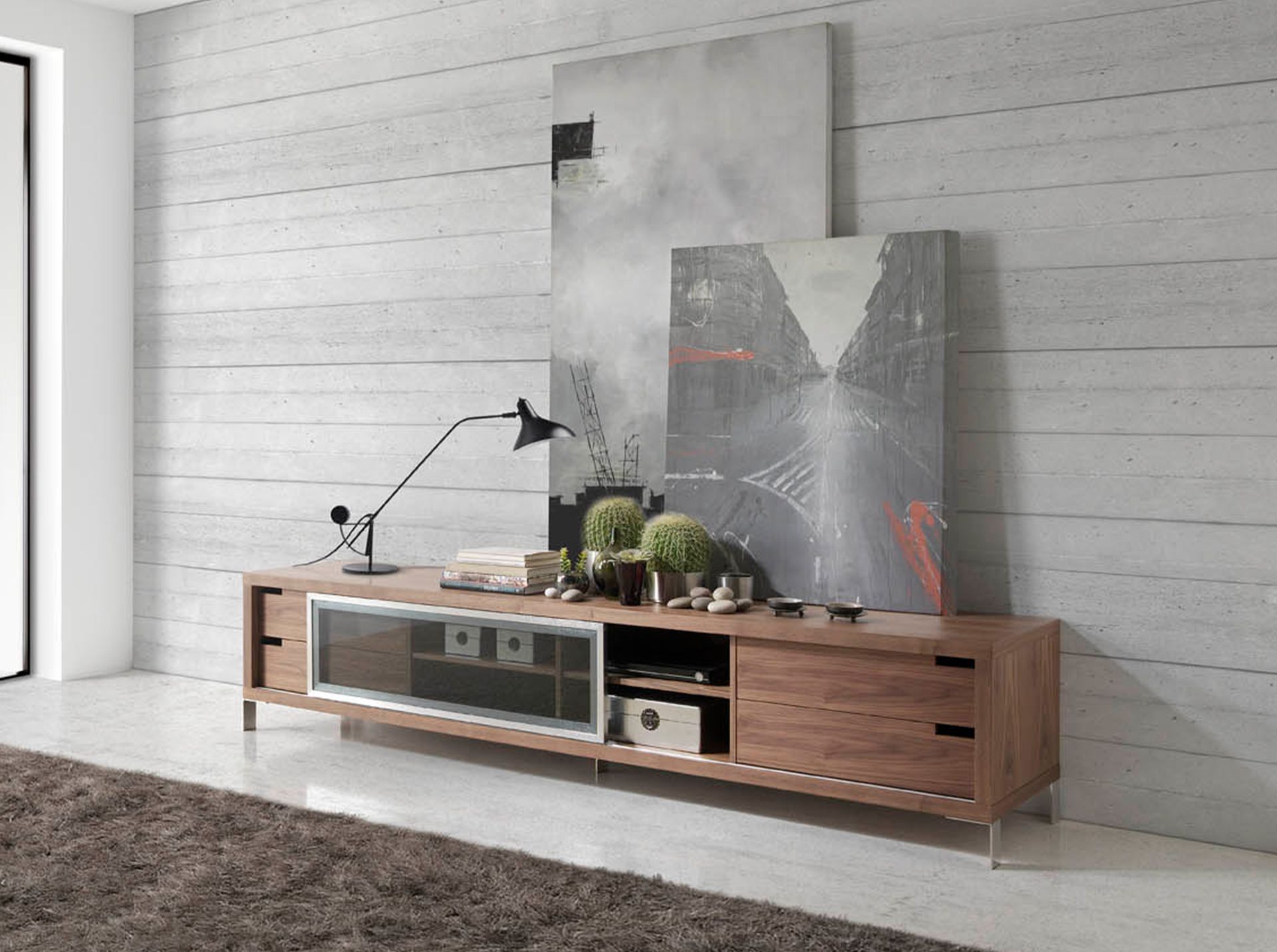 TV stand walnut and chromed steel