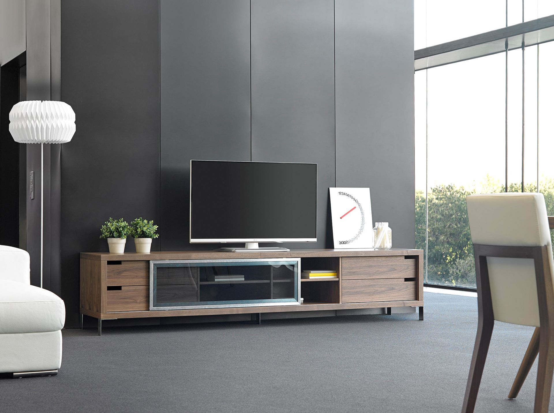 TV stand walnut and chromed steel