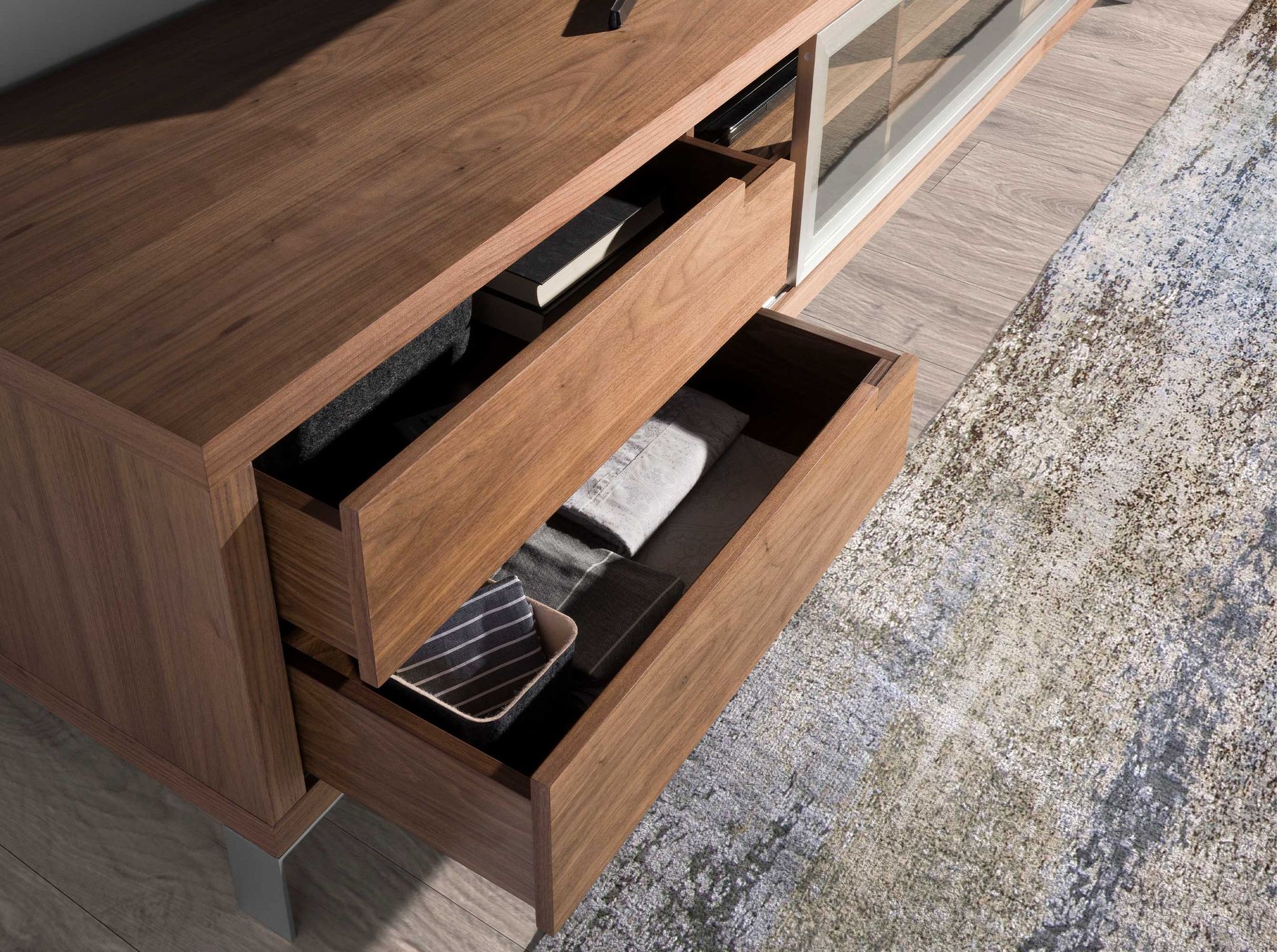 TV stand walnut and chromed steel