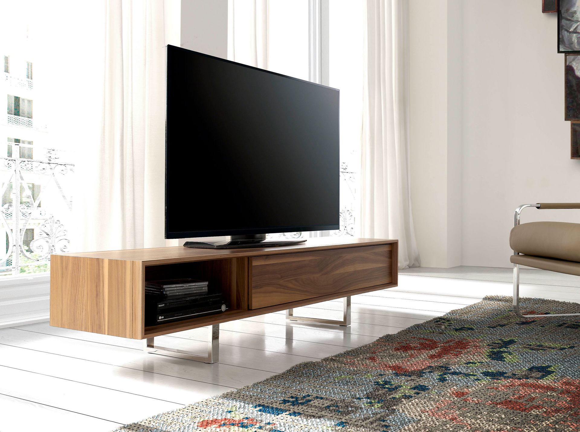 TV stand walnut and chromed steel