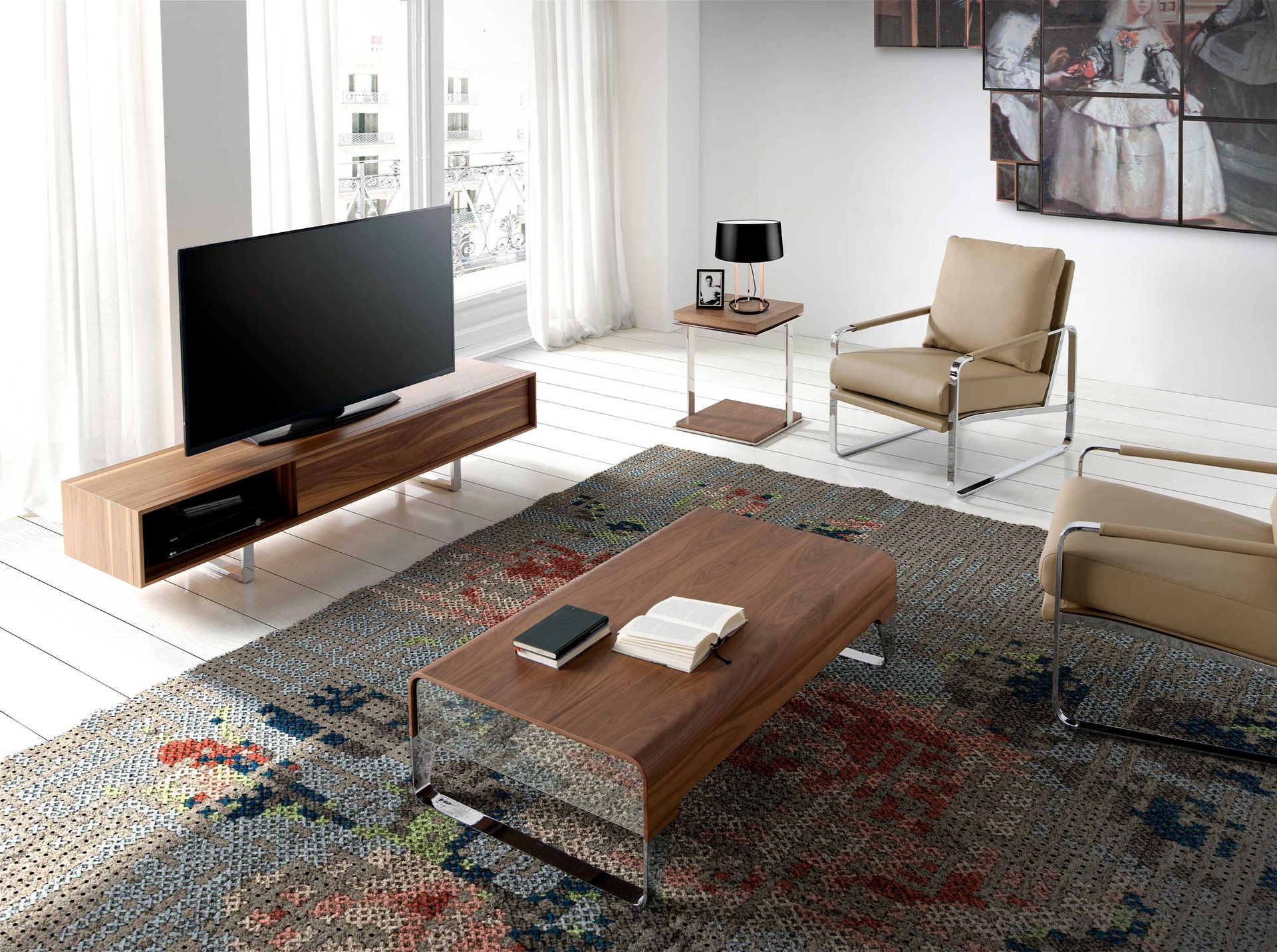 TV stand walnut and chromed steel
