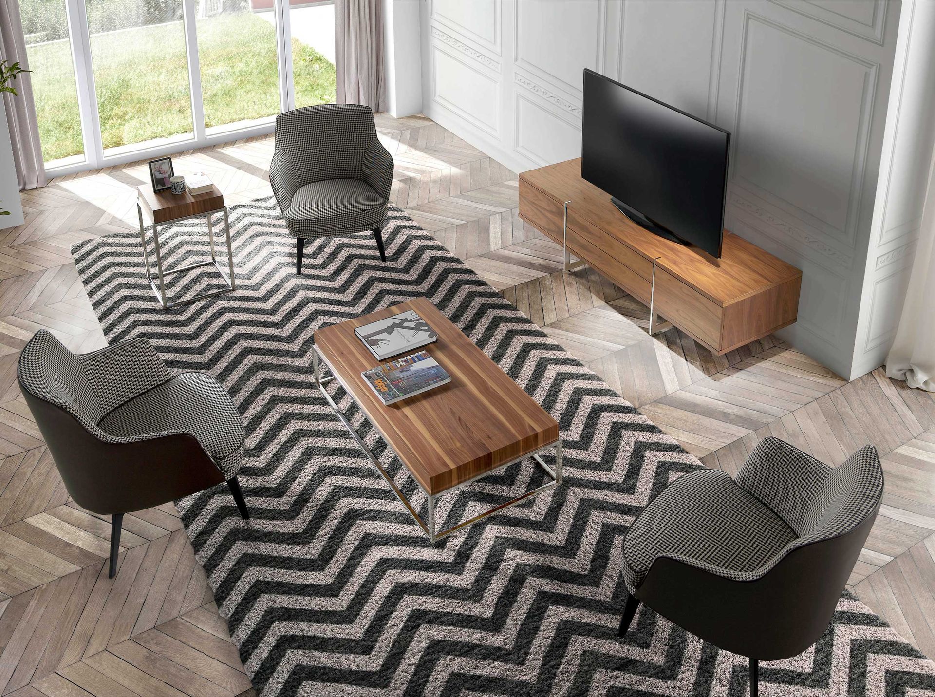 TV stand walnut and chromed steel