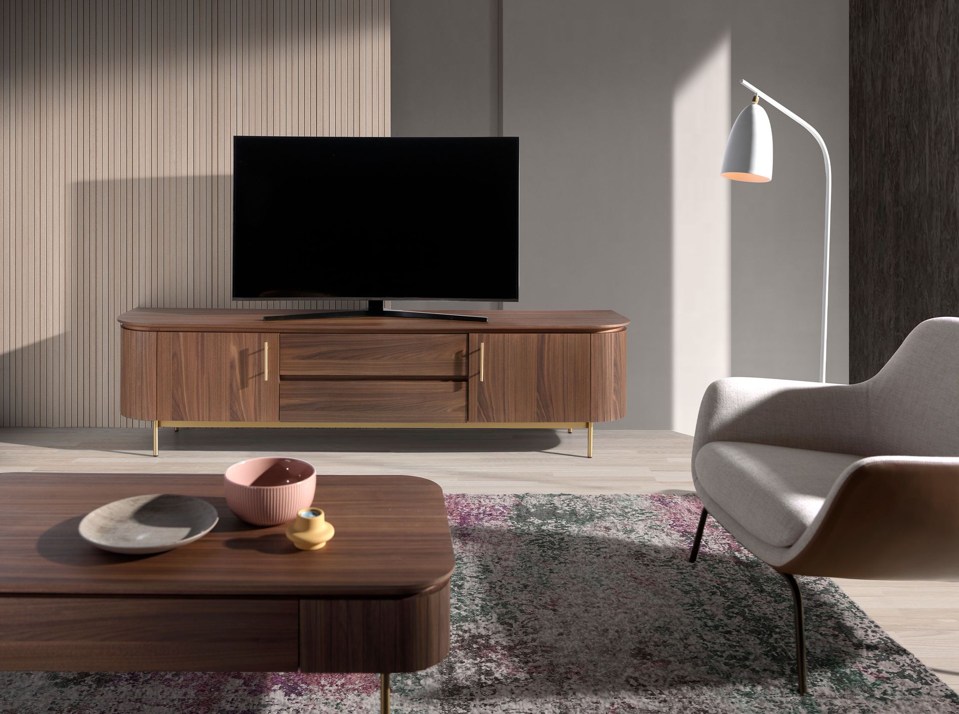TV stand walnut and golden polished steel