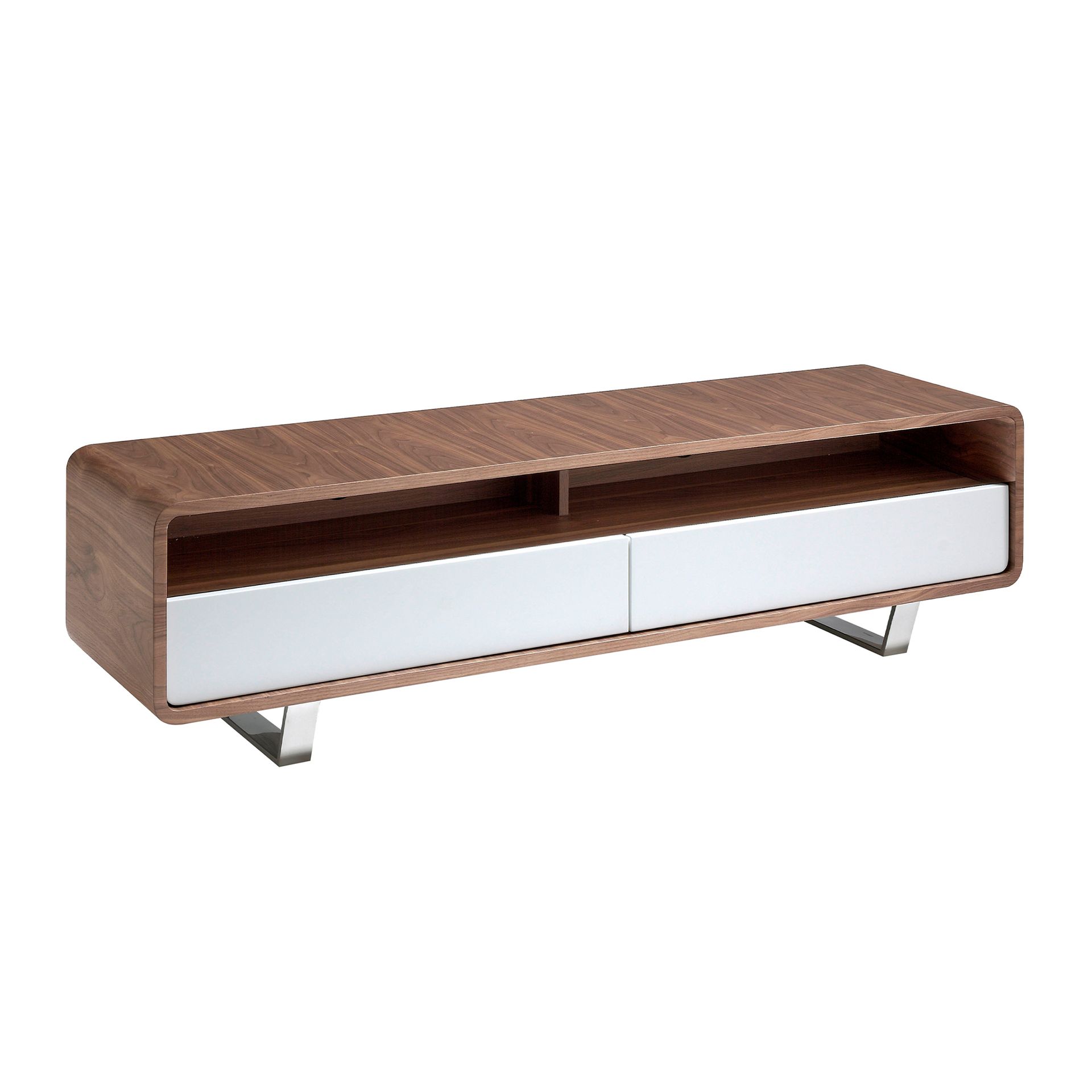 TV stand white wood, walnut and chromed steel