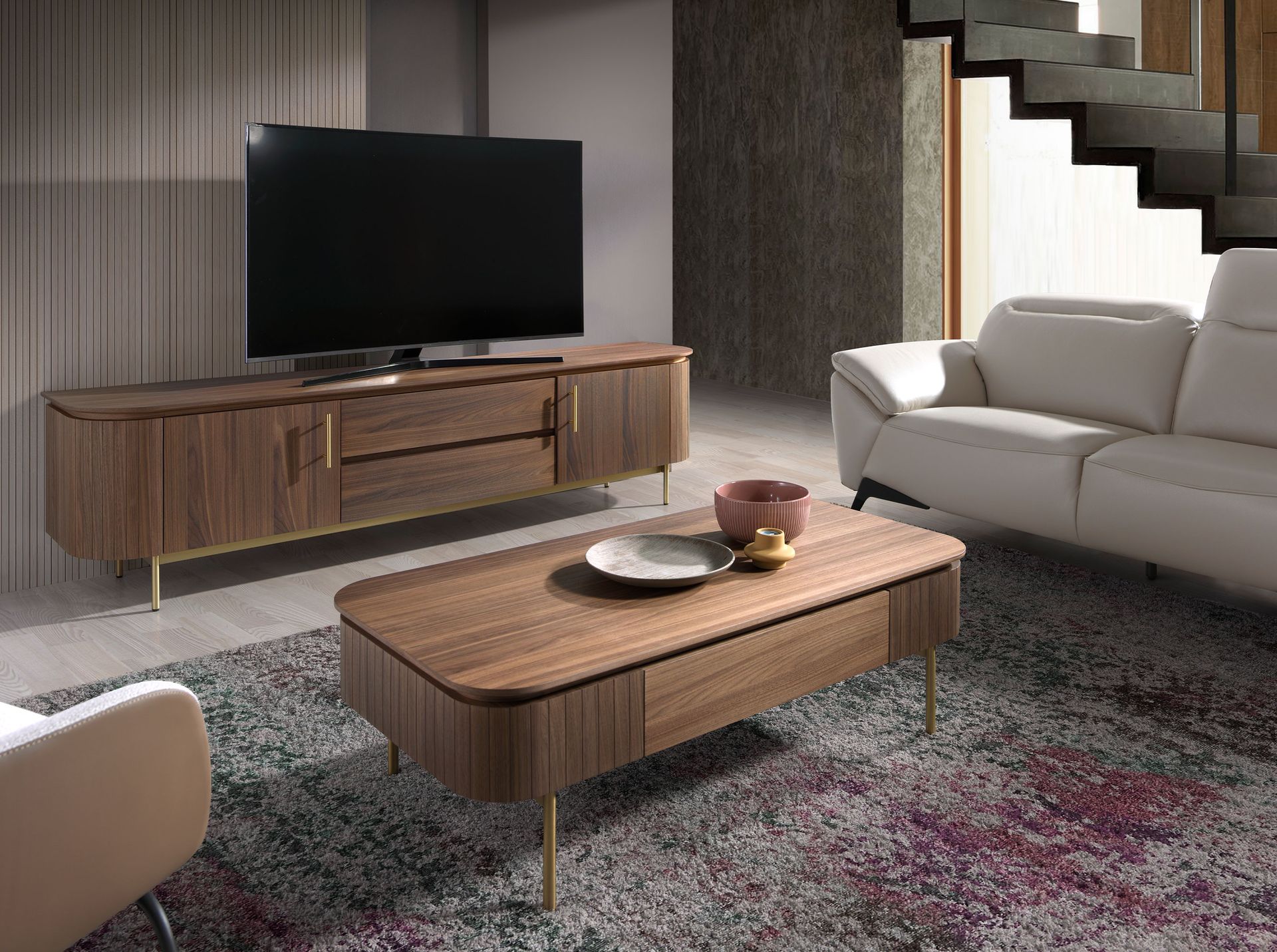 TV stand walnut and golden polished steel