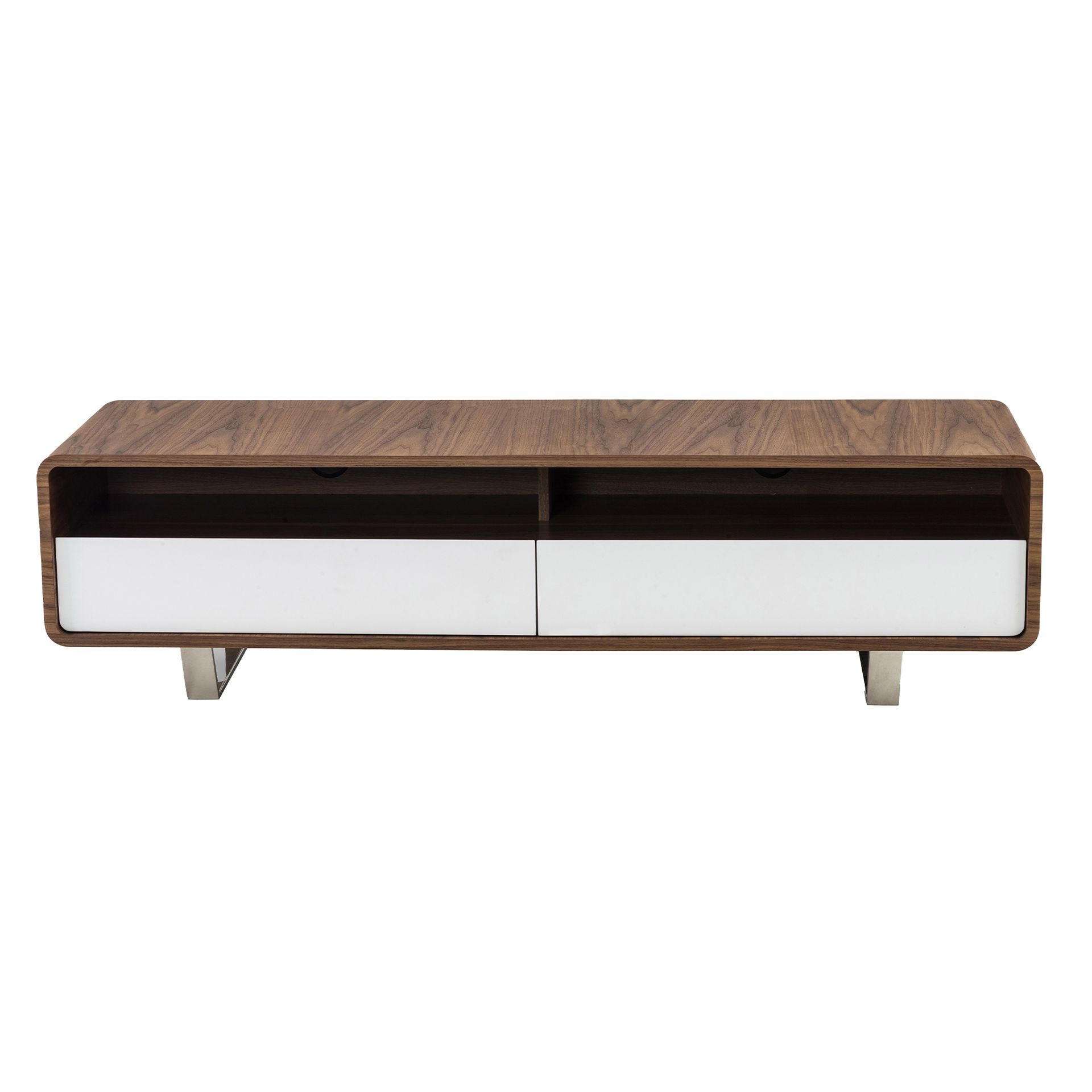 TV stand white wood, walnut and chromed steel
