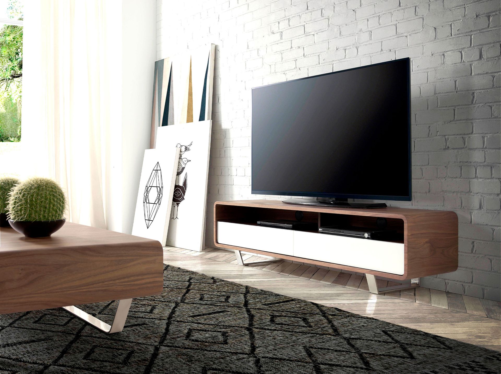 TV stand white wood, walnut and chromed steel