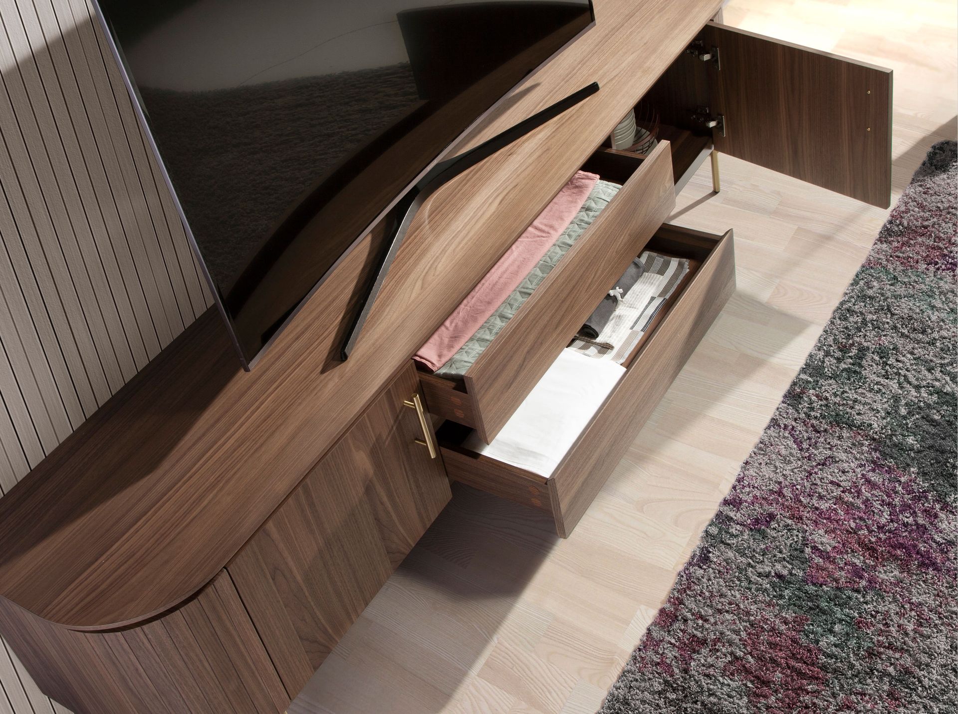 TV stand walnut and golden polished steel