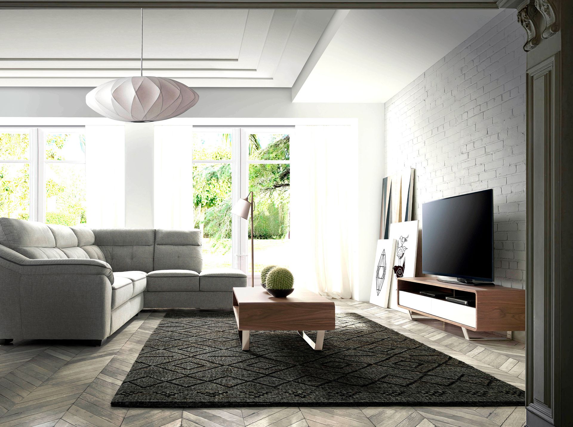 TV stand white wood, walnut and chromed steel