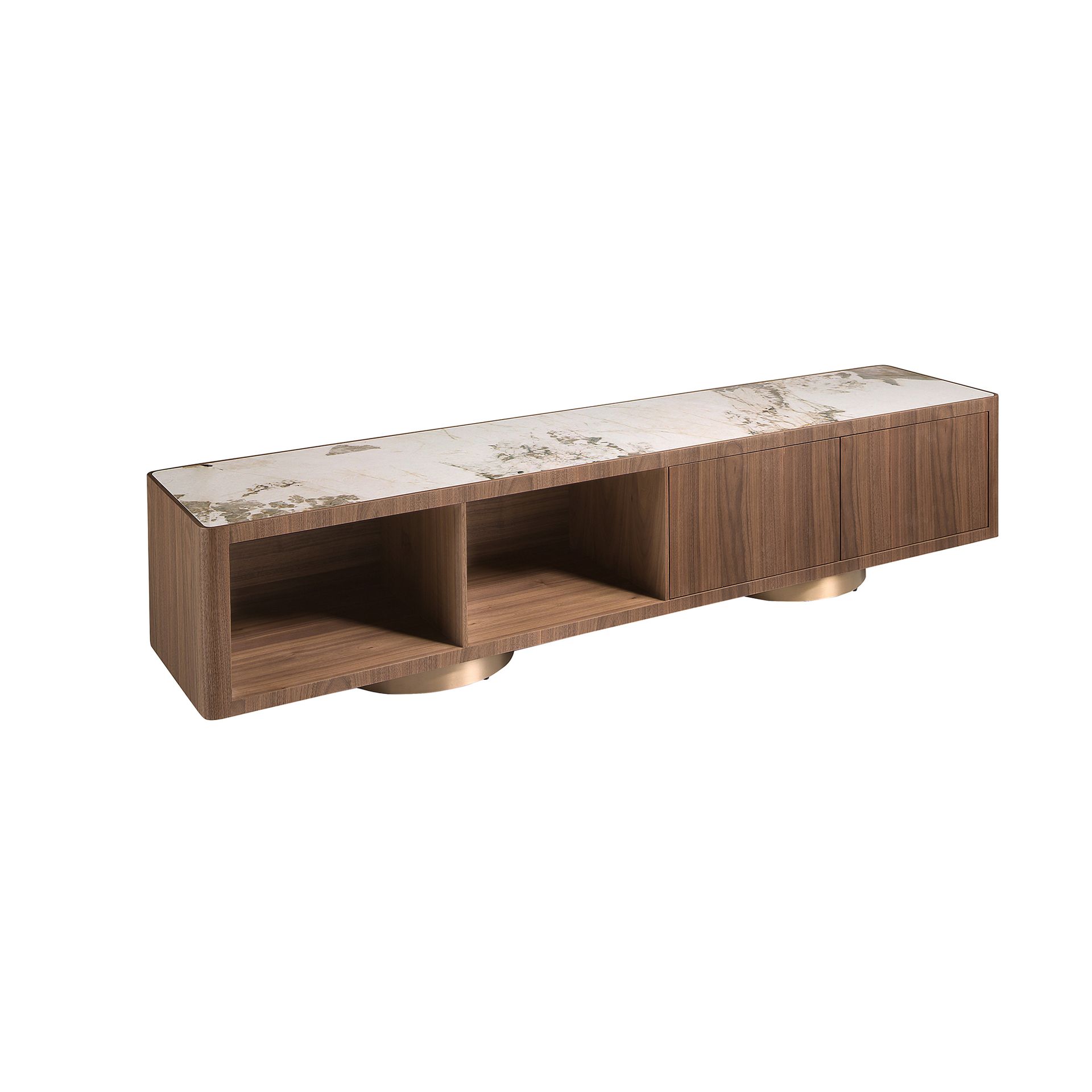 TV unit in walnut, polished gold steel and porcelain marble top