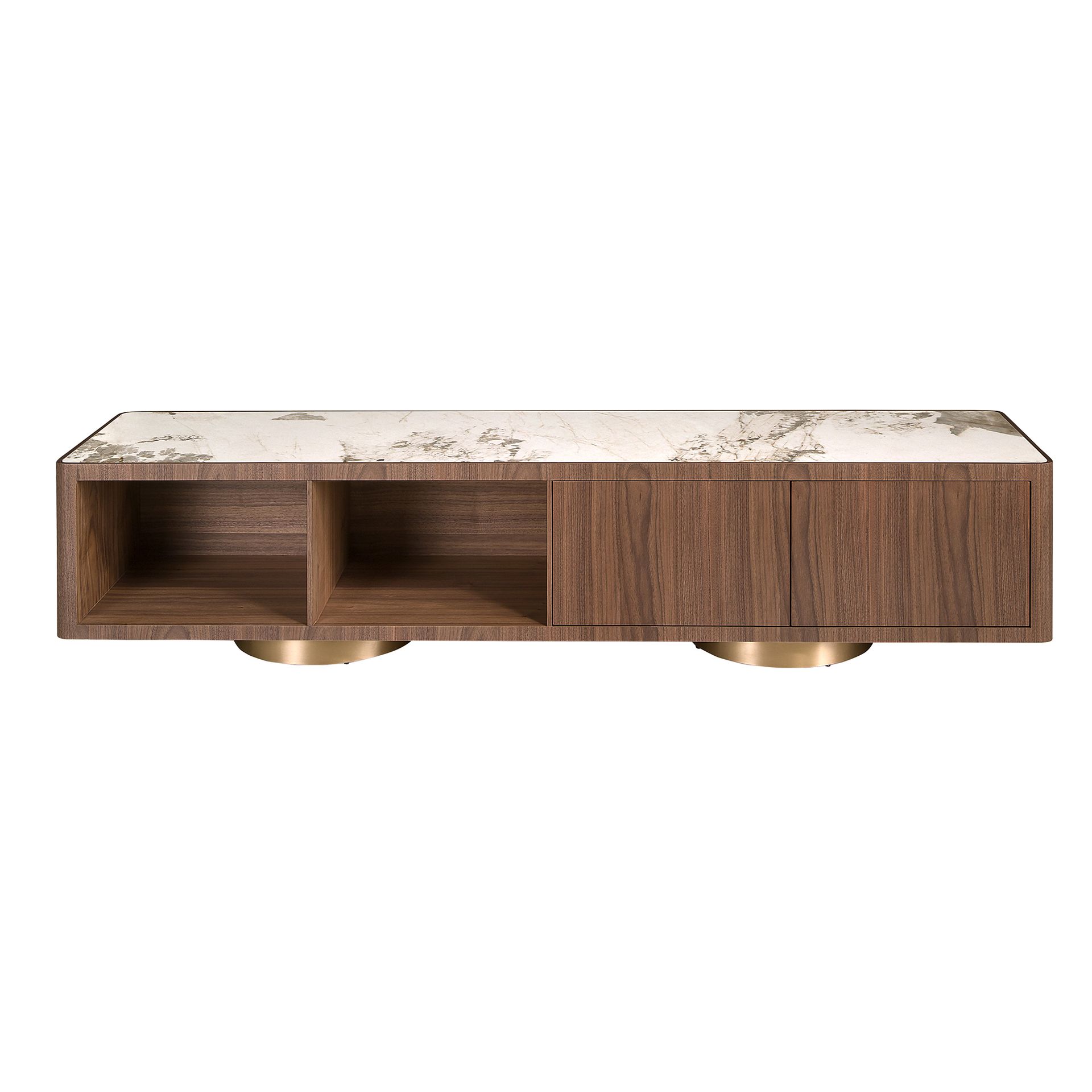 TV unit in walnut, polished gold steel and porcelain marble top