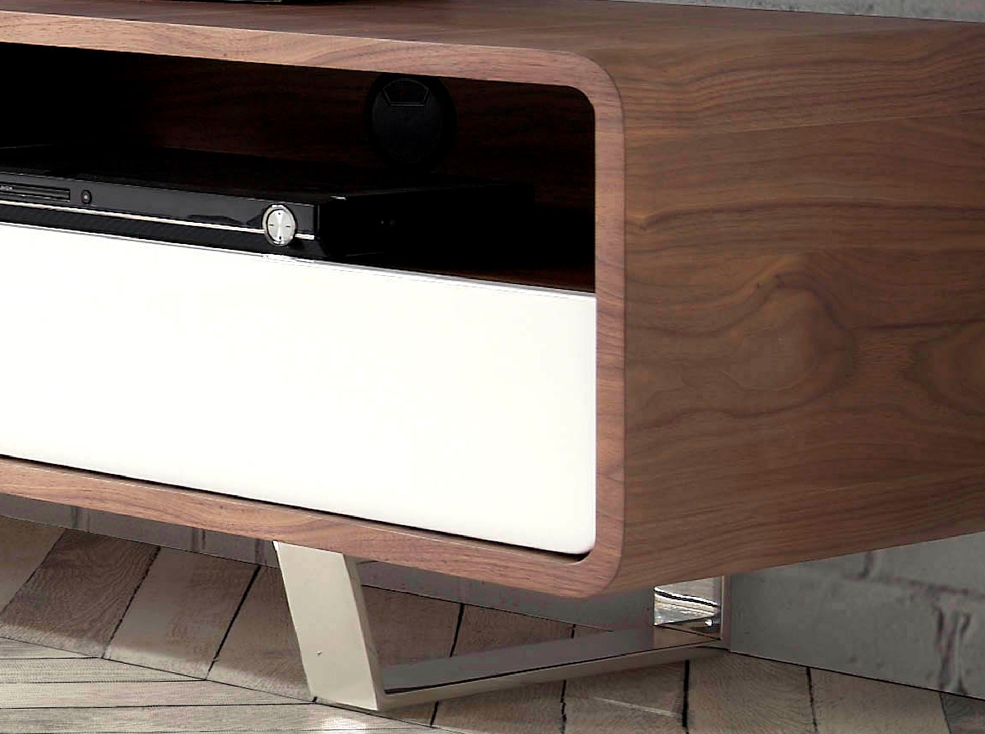 TV stand white wood, walnut and chromed steel