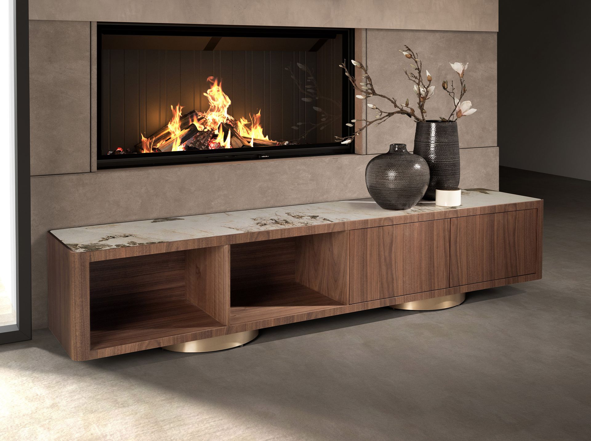 TV unit in walnut, polished gold steel and porcelain marble top