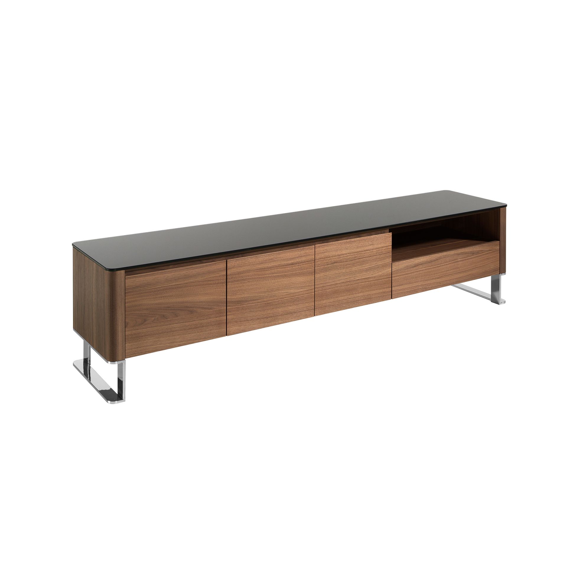 TV unit walnut, chrome-plated steel and black glass top