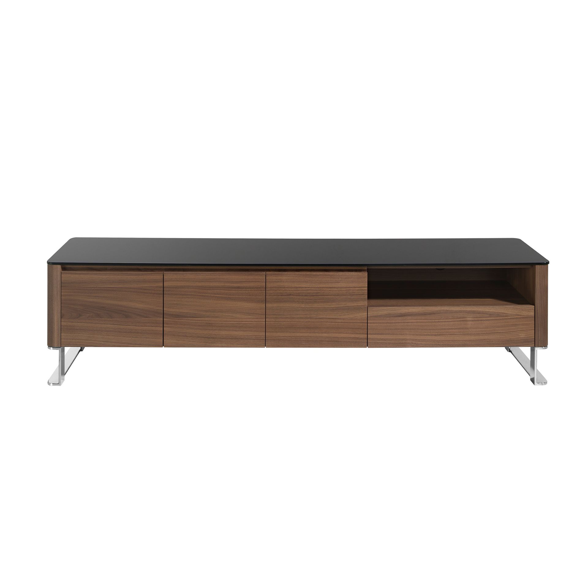 TV unit walnut, chrome-plated steel and black glass top