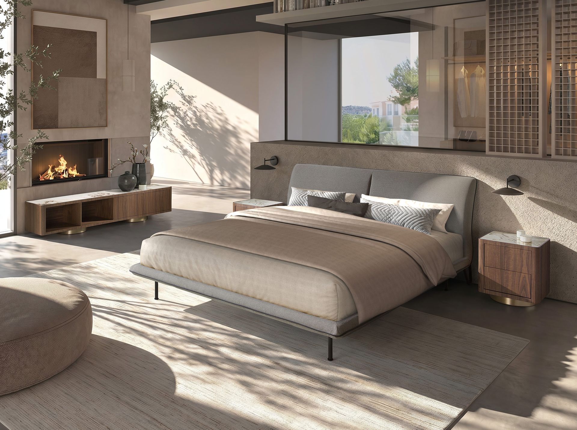 TV unit in walnut, polished gold steel and porcelain marble top