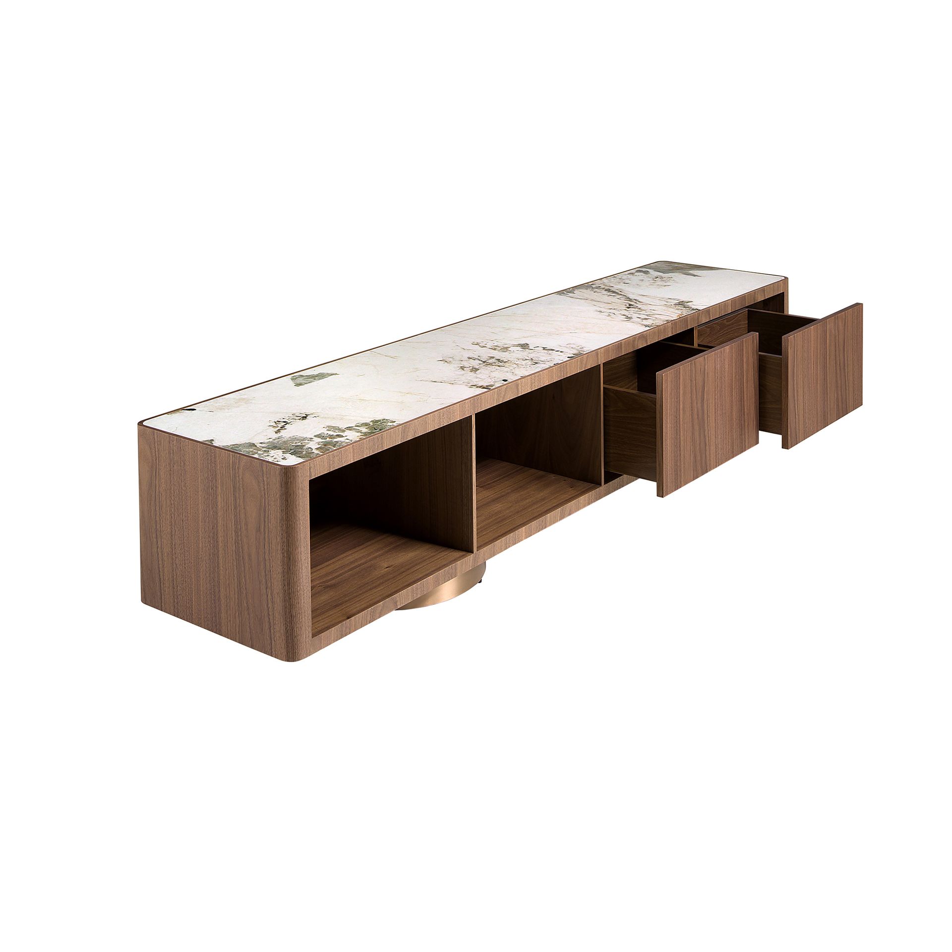 TV unit in walnut, polished gold steel and porcelain marble top