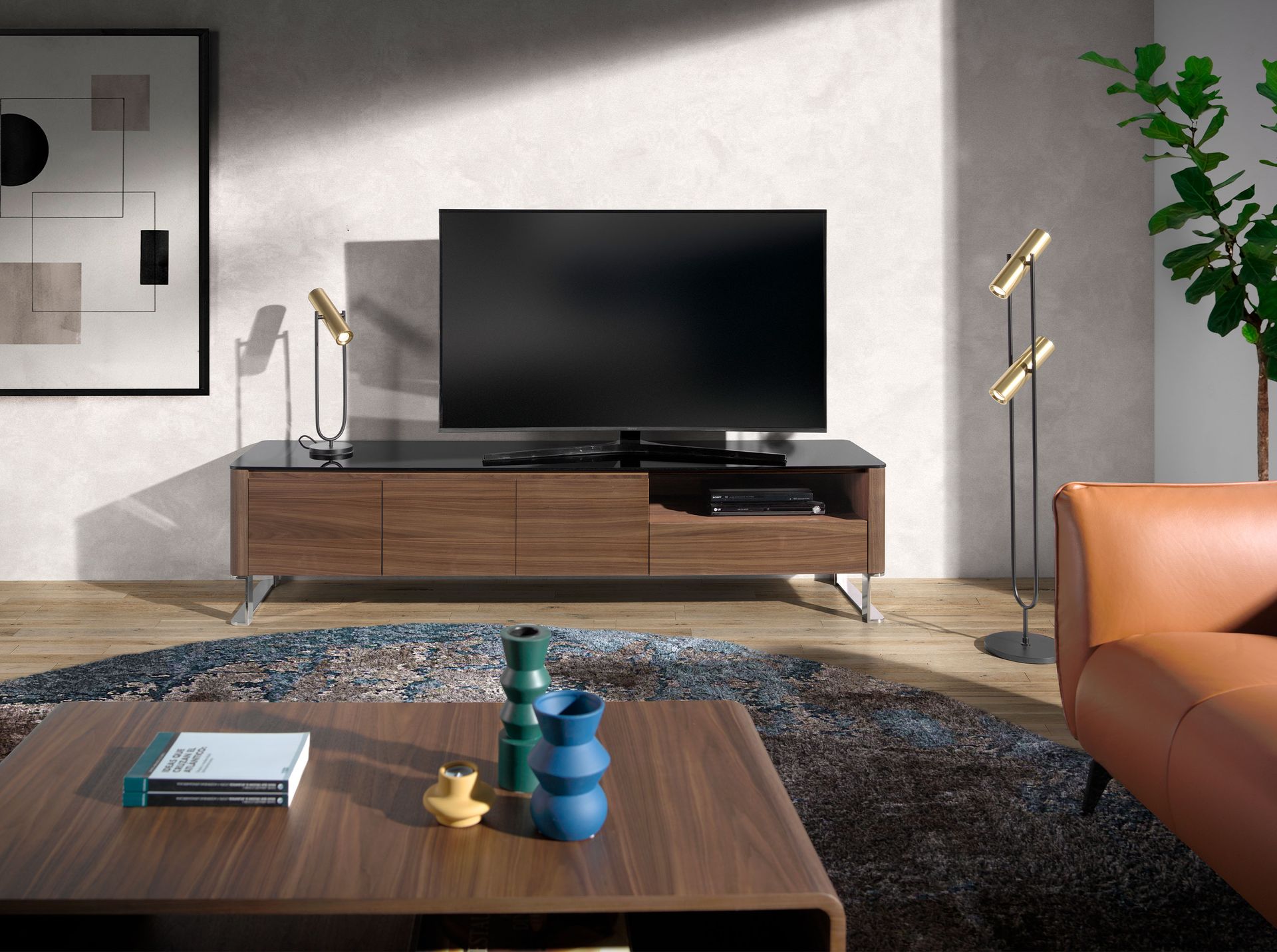 TV unit walnut, chrome-plated steel and black glass top