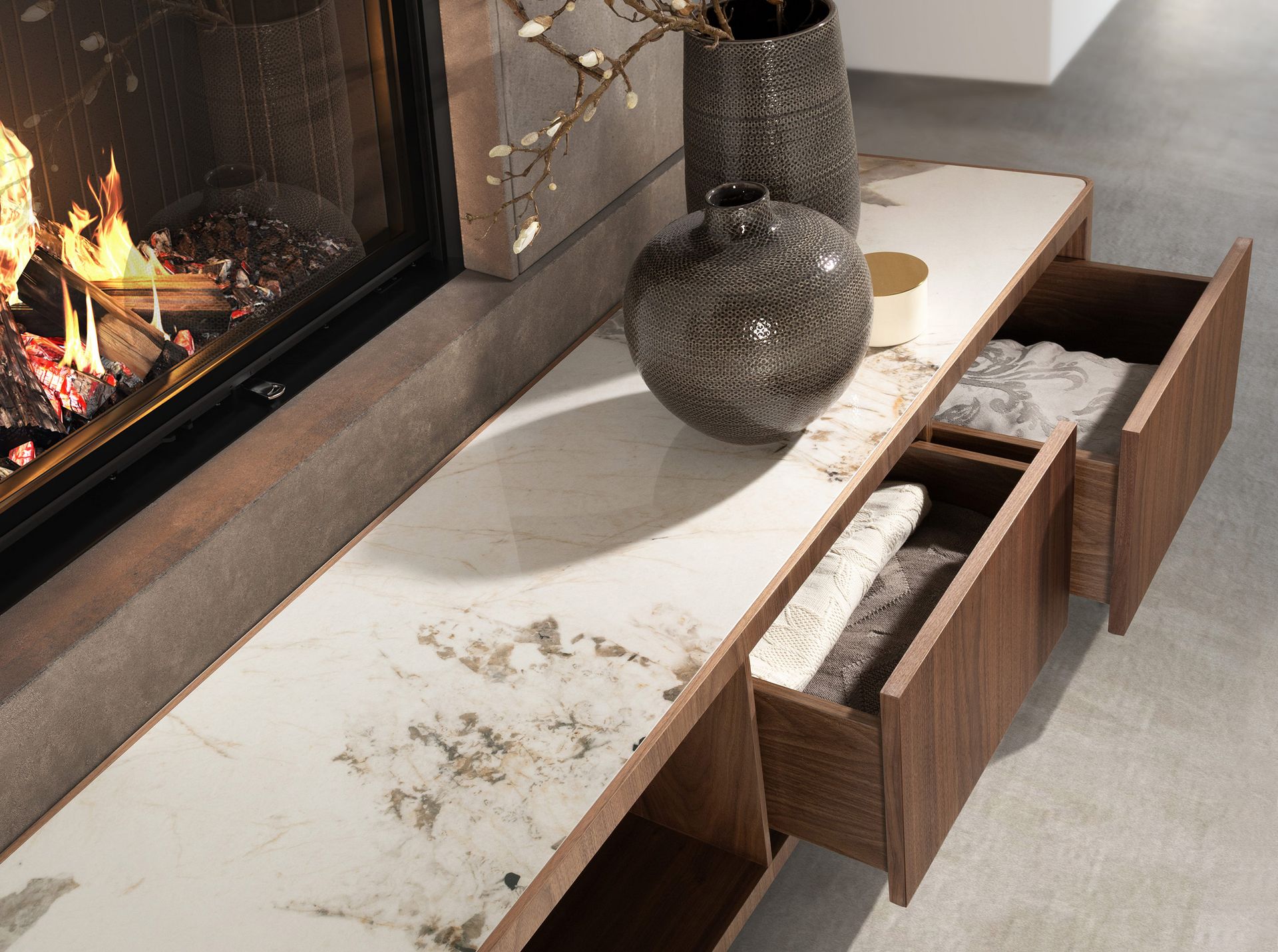 TV unit in walnut, polished gold steel and porcelain marble top