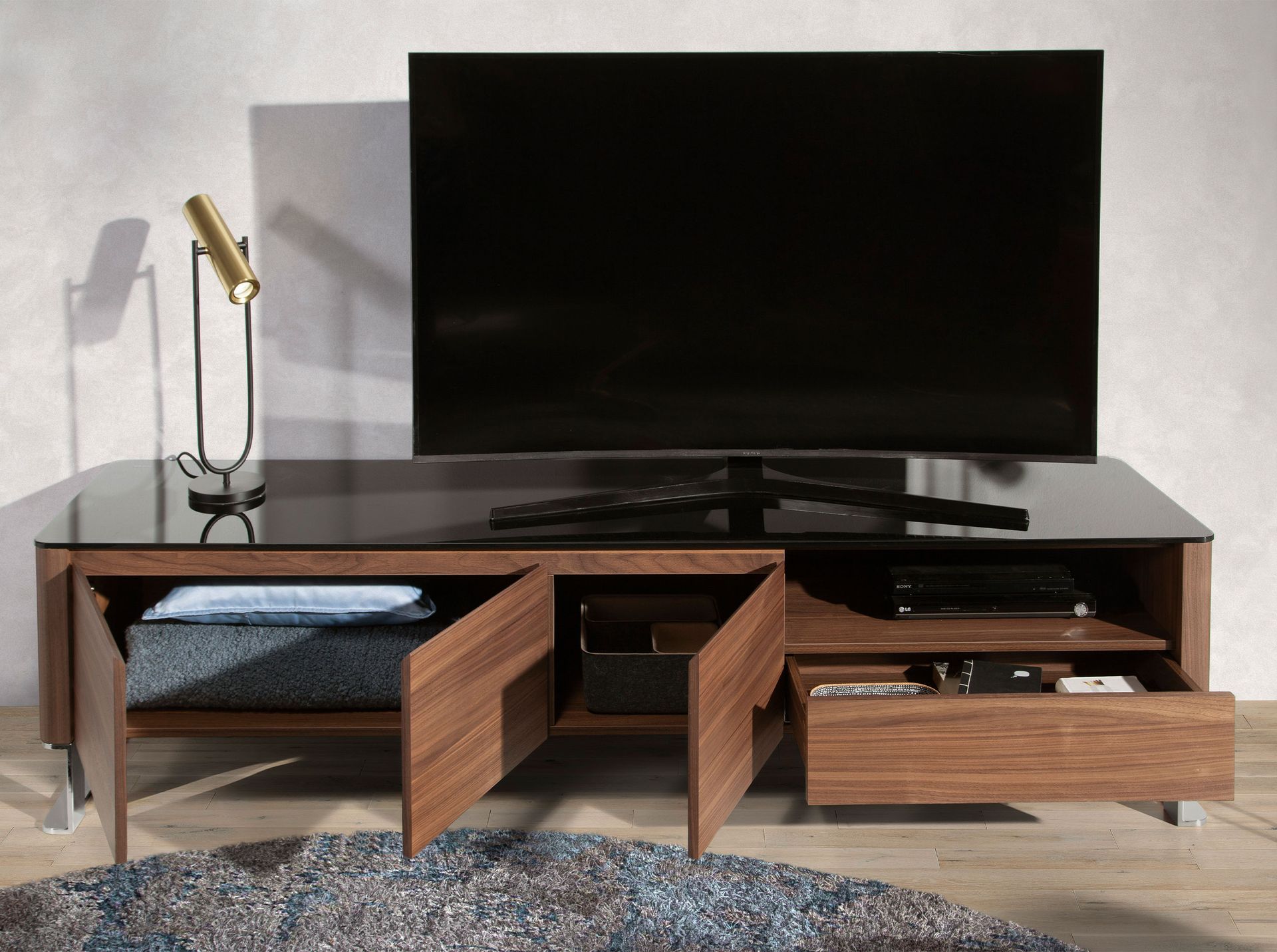 TV unit walnut, chrome-plated steel and black glass top