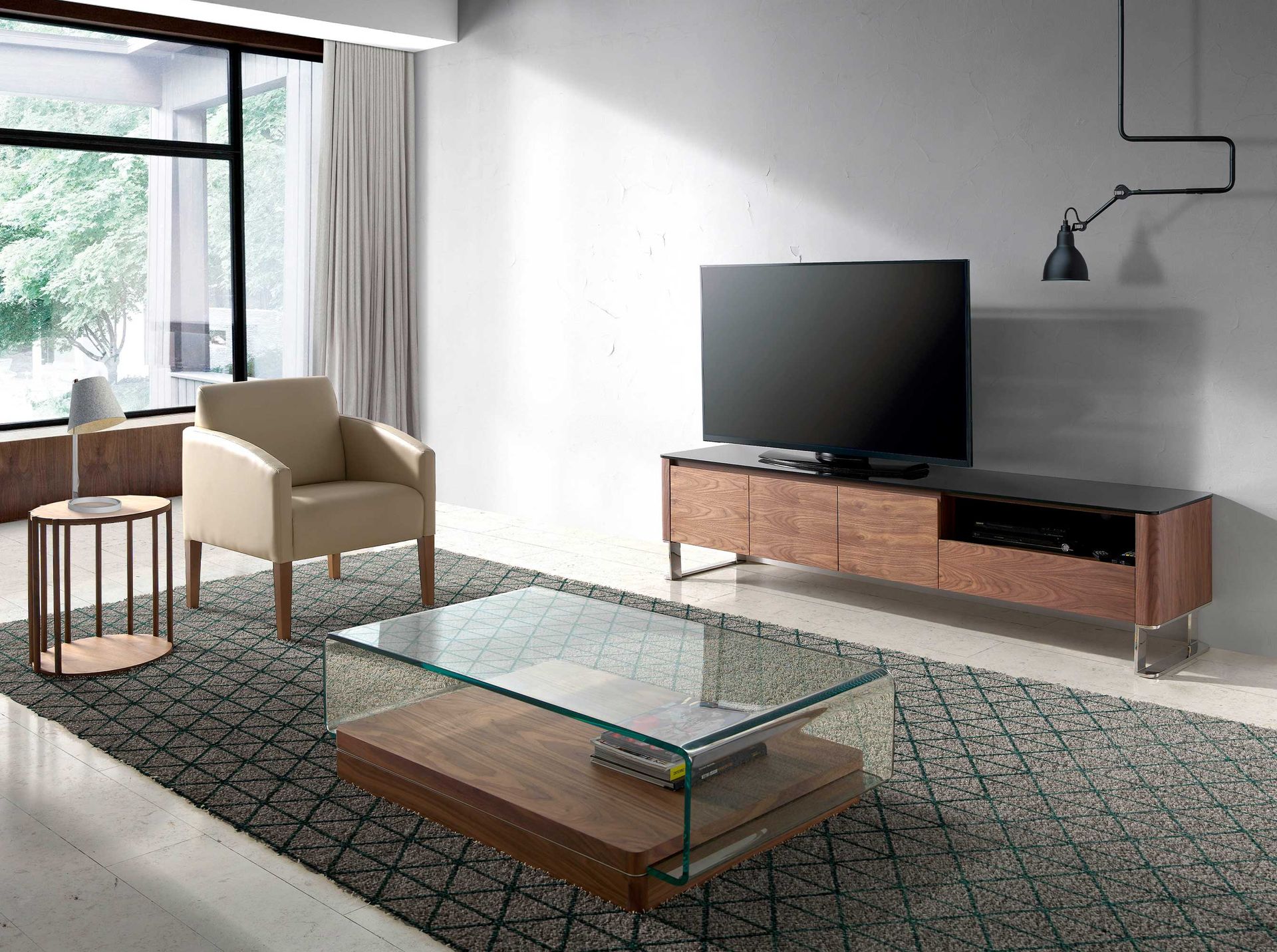 TV unit walnut, chrome-plated steel and black glass top