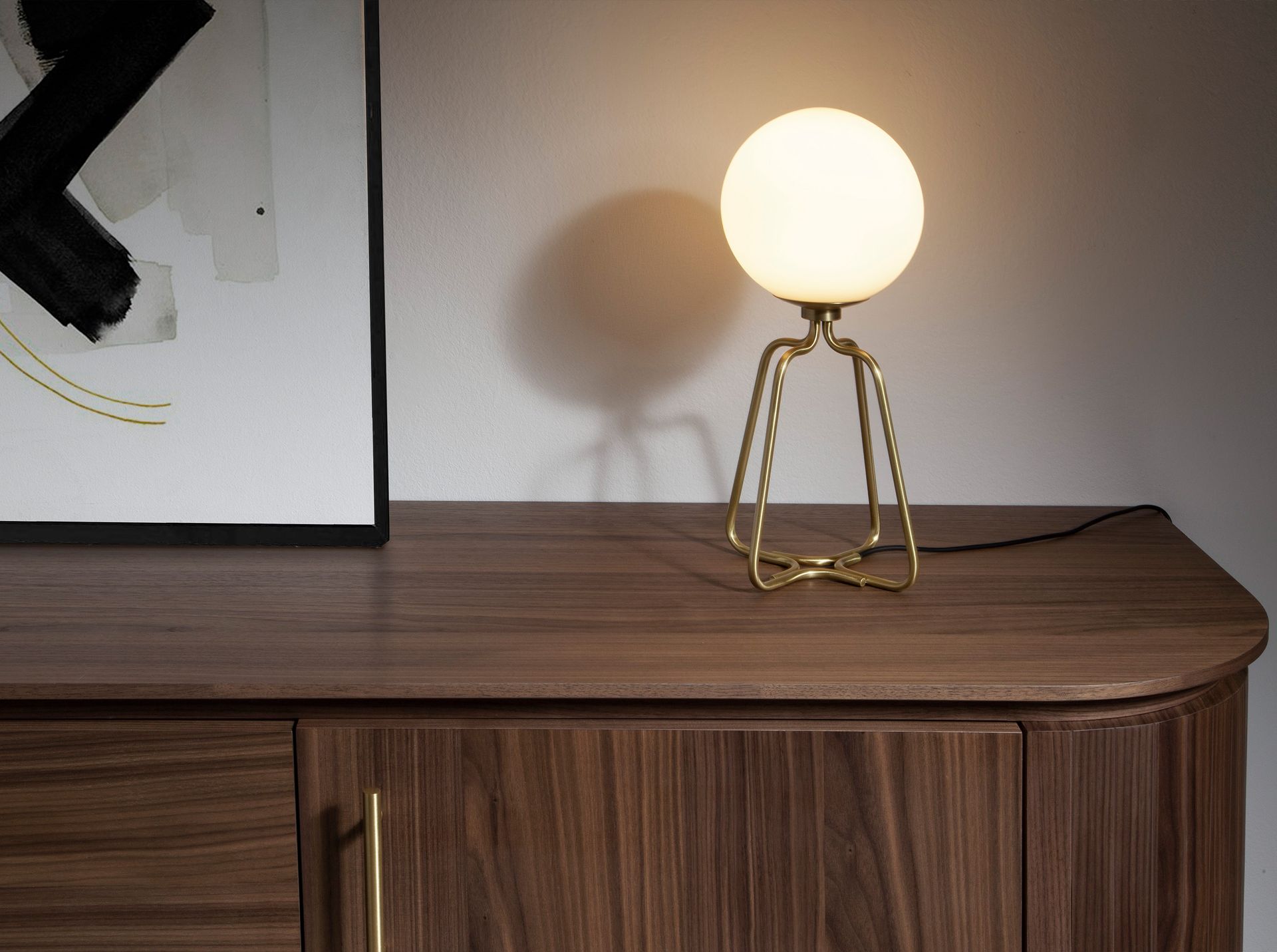 Table lamp golden steel and white glass